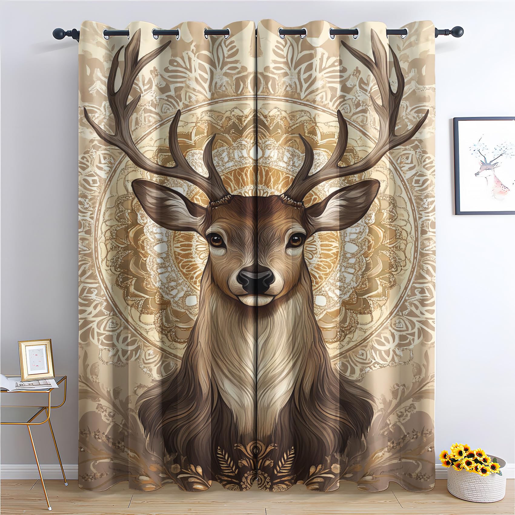 Phtbz Deer Curtains 63 Inch Length 2 Panels Set, Rustic Mandala Patterned Blackout Curtains for Bedroom, Living Room Decor, Room Darkening Thermal