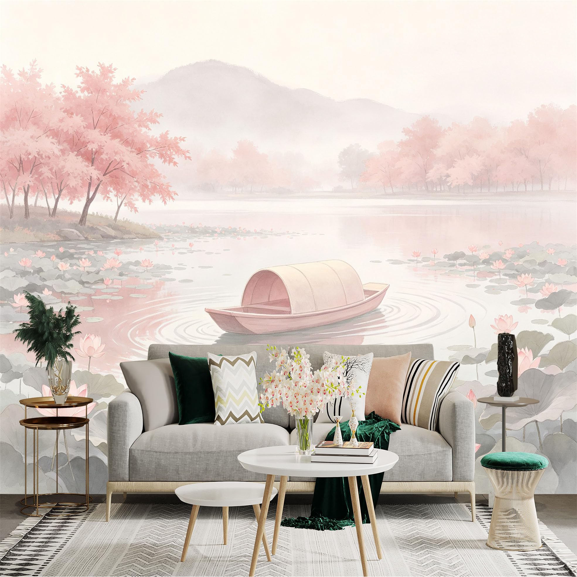 Custom Size Wall Sticker Mural， Pink Lotus Pond with Small Boat， Soft Watercolor Landscape， Misty Mountains and Spring Trees， for wall Decoration， peelandstick wall Decals.