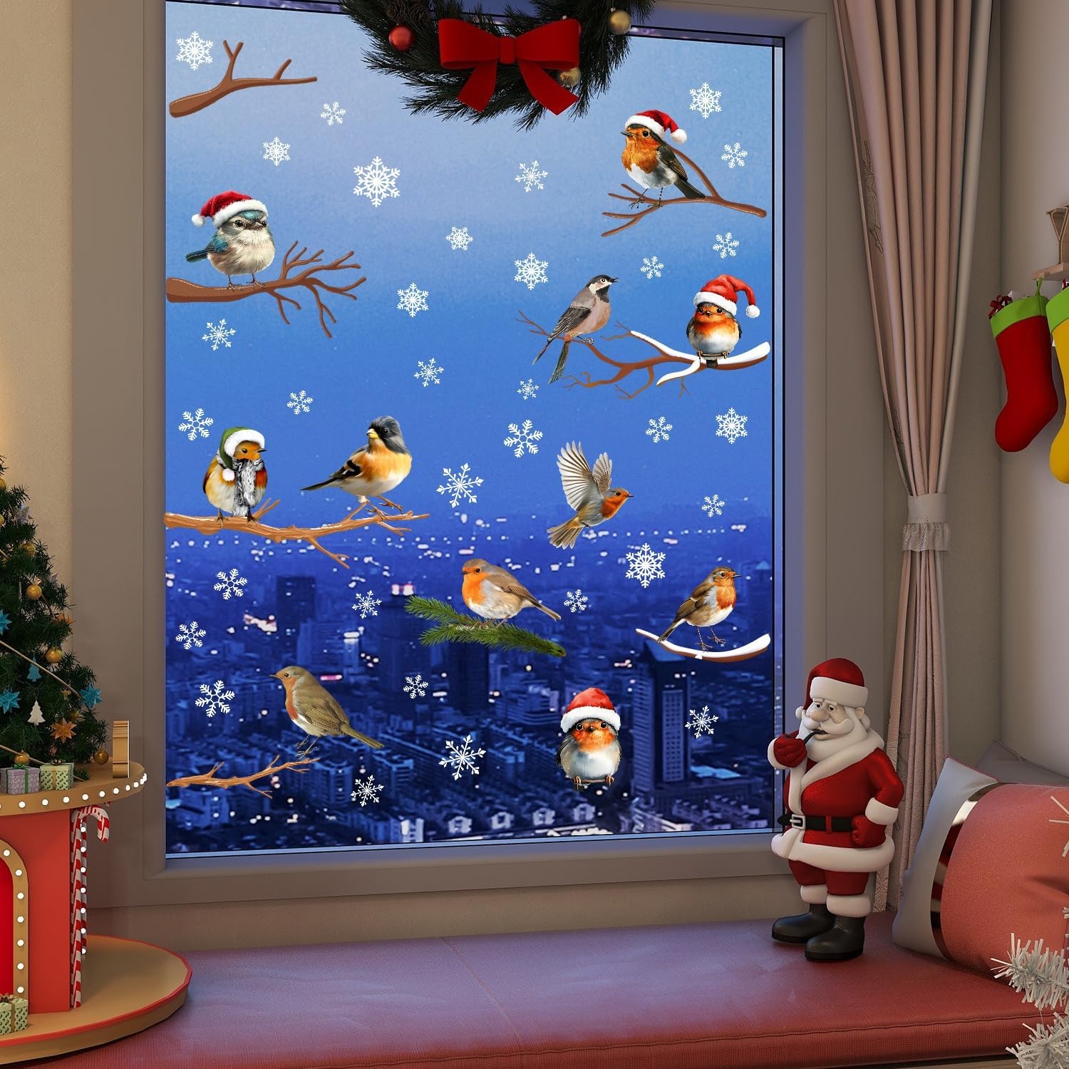 Christmas Window Clings for Glass 4 Sheet Bird Window Decals with Snowflake Designs Window Stickers Winter Windows Cling for Party Supplies Home School Office Glass Decorations image 2