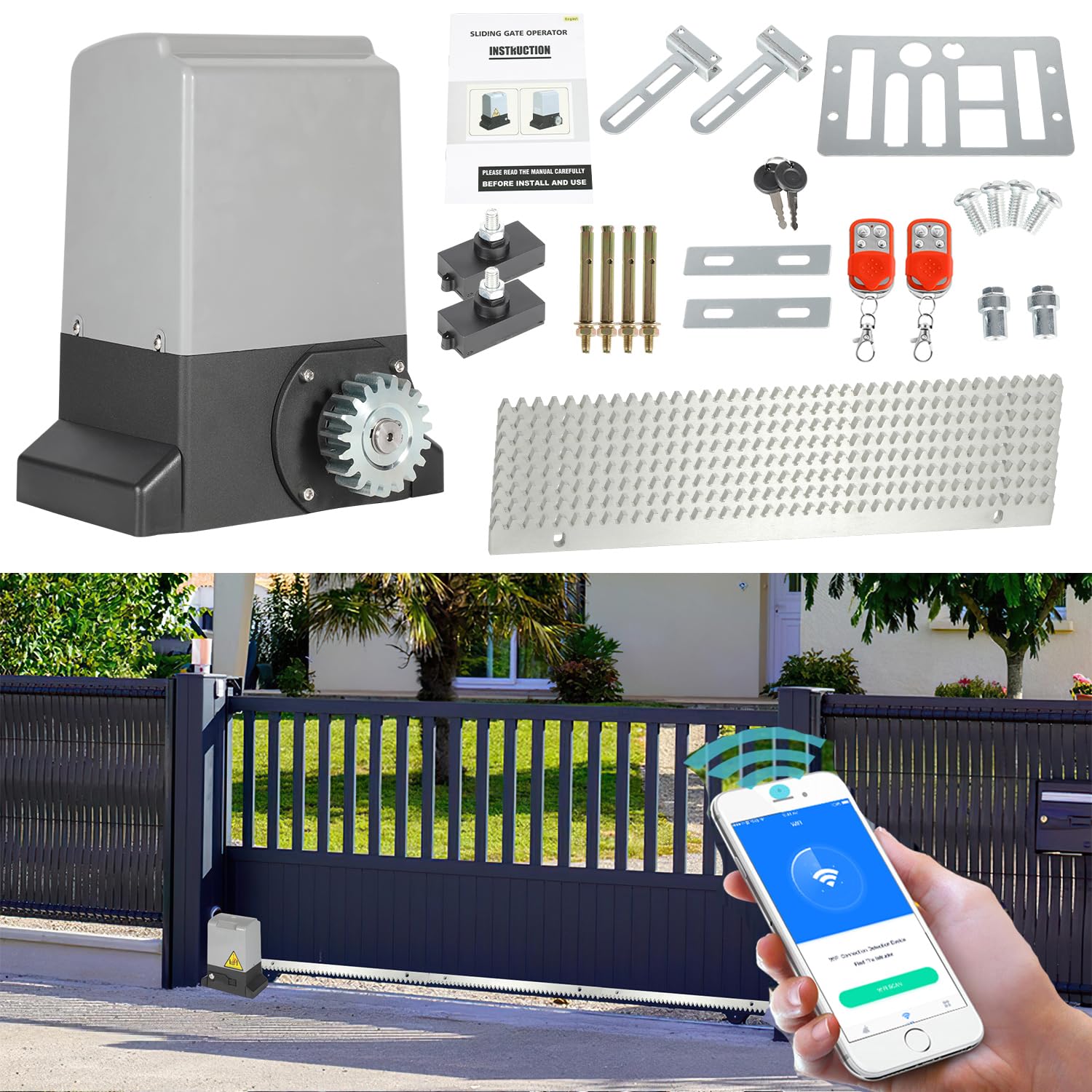Fiqops 550W Motores Puertas Correderas máx 1200KG, Smart WiFi Accionamiento Eléctrico De Puerta con 4M Cremallera, 2 Control Remoto y la función de cierre automático para Puerta de Garaje