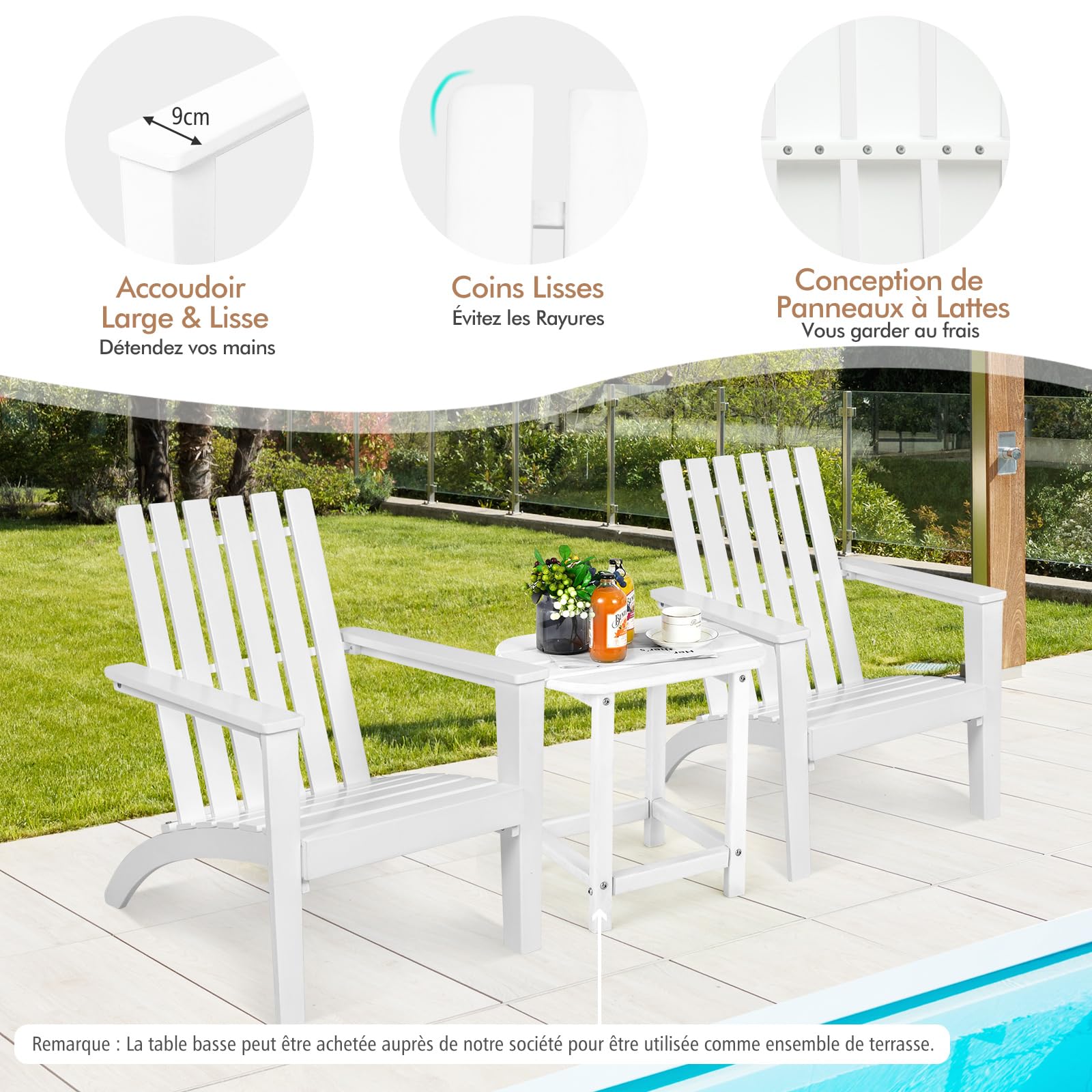 COSTWAY Chaise Adirondack en Bois d'Acacia, Chaise Exterieur Jardin avec Accoudoir Ergonomique, Fauteuil Exterieur pour Balcon Piscine Cour Terrasse, Charge 160 kg, 73 x 67,5 x 86 cm (Blanc)