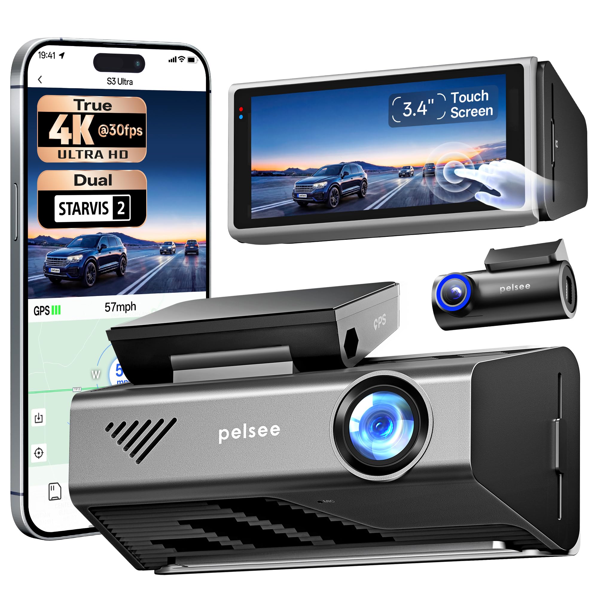 Pelsee S3 Ultra True 4K+2.5K Dash Cam