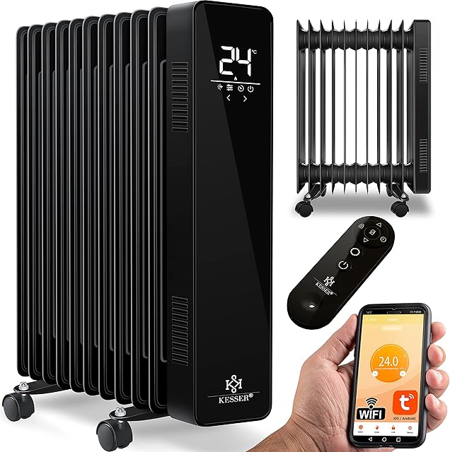 KESSER® Grzejnik olejowy 2500 W, mobilny grzejnik elektryczny, energooszczędny, ze sterowaniem aplikacją WiFi i wyświetlaczem dotykowym LED, pilotem zdalnego sterowania, grzejnik olejowy, ogrzewanie