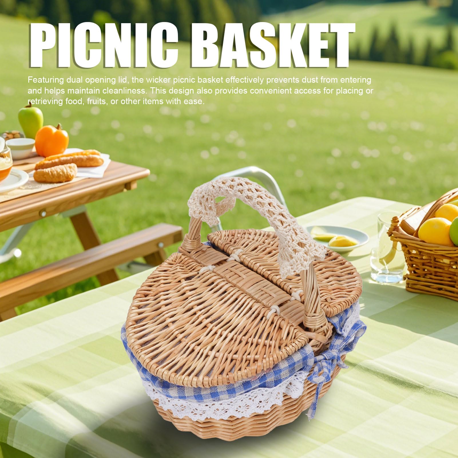 Panier de Pique-Nique en Osier avec Couvercle et Poignée, Panier de Pique-Nique pour la Cueillette de Légumes de Camping, Couvercle à Double Ouverture et Doublure Amovible (Plaid Bleu)