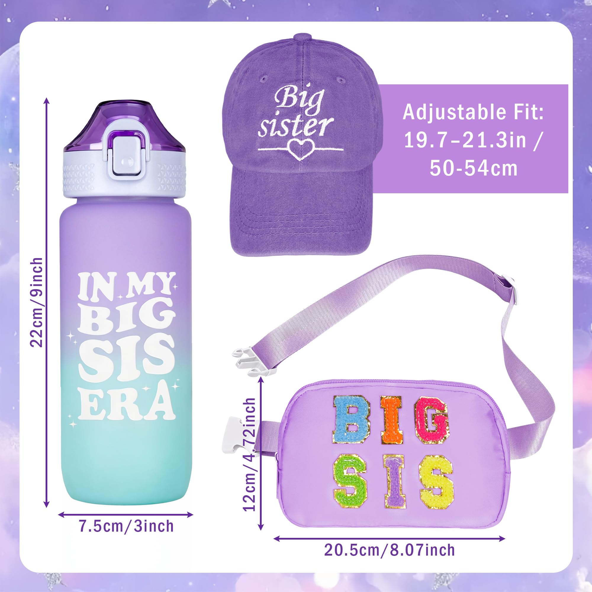 Big Sister Gifts for Girls – Purple Big Sister Gift Set with 20oz Water Bottle, Waist Bag, Baseball Cap & Bracelet, New Big Sister Gifts for Girls