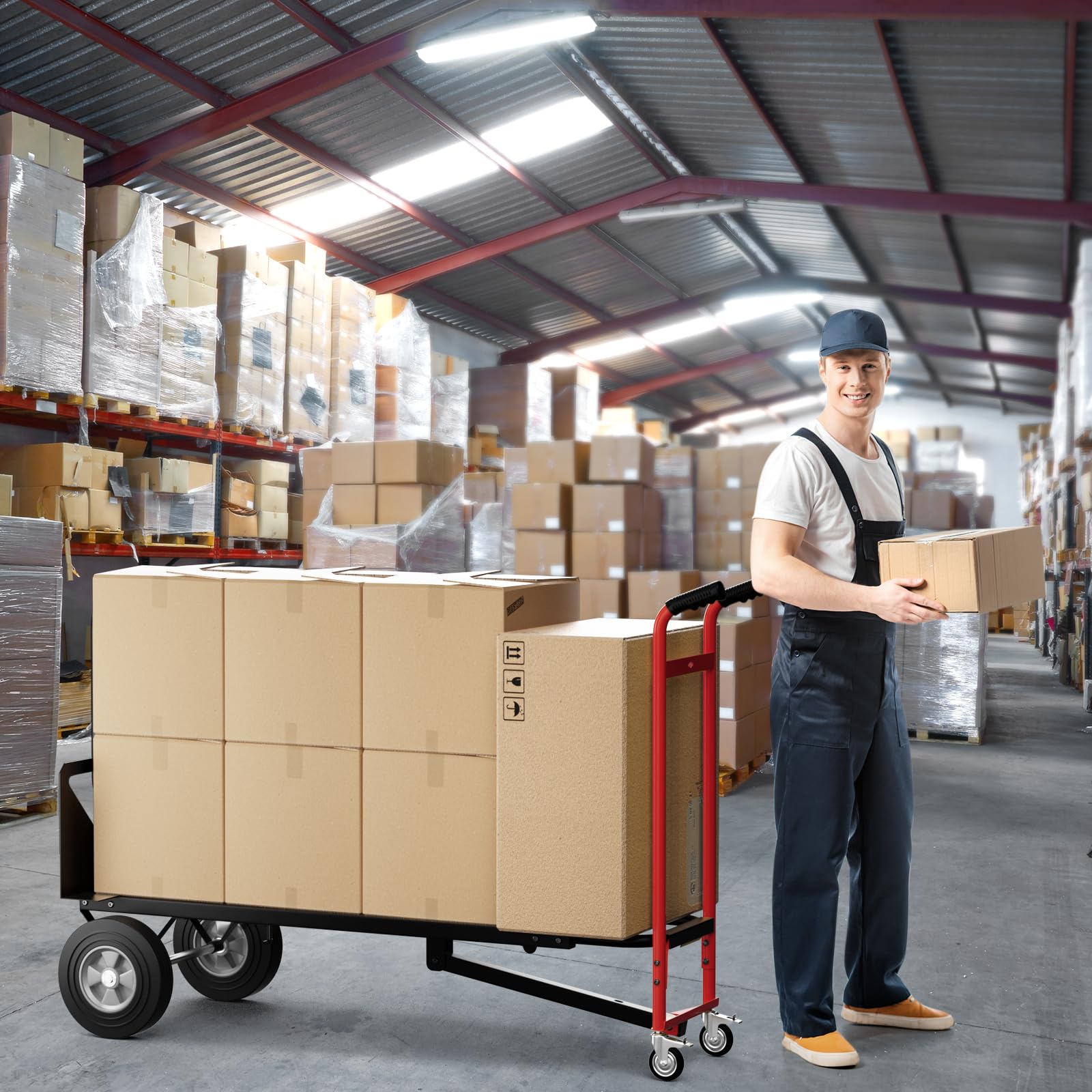 GYMAX Carretilla de Mano Plegable 3 en 1, Metal Resistente con Ruedas Universales, Mango de Goma, Capacidad de 450 kg, Carretilla de Mano para Almacén, Garaje, Fábrica, Supermercado (Rojo)