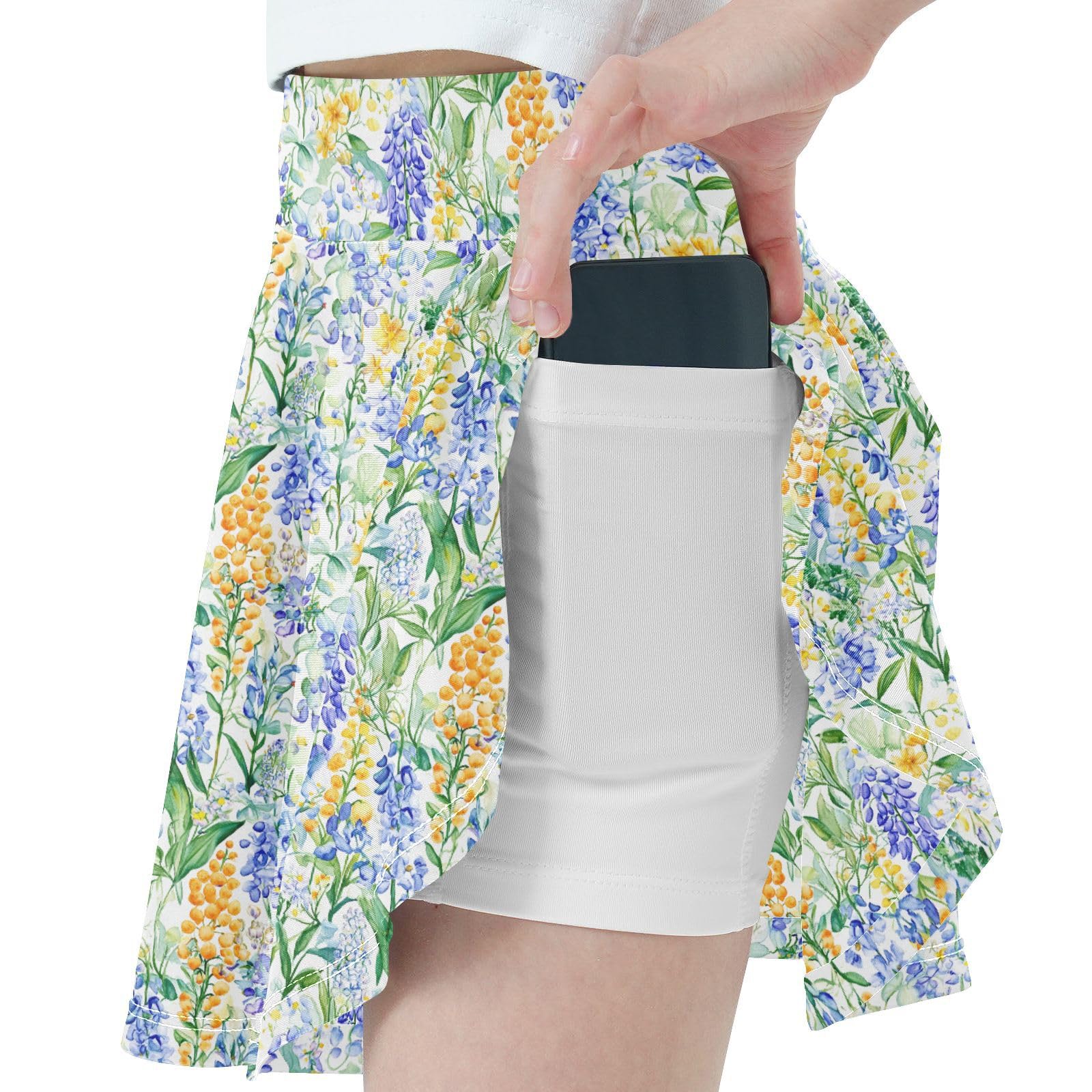 Colorful Spring Flower Flowy Girls Tennis Skirts with Built-in Shorts Pleated Skirt for Kids Little Girls Golf SkirtsWith Pockets