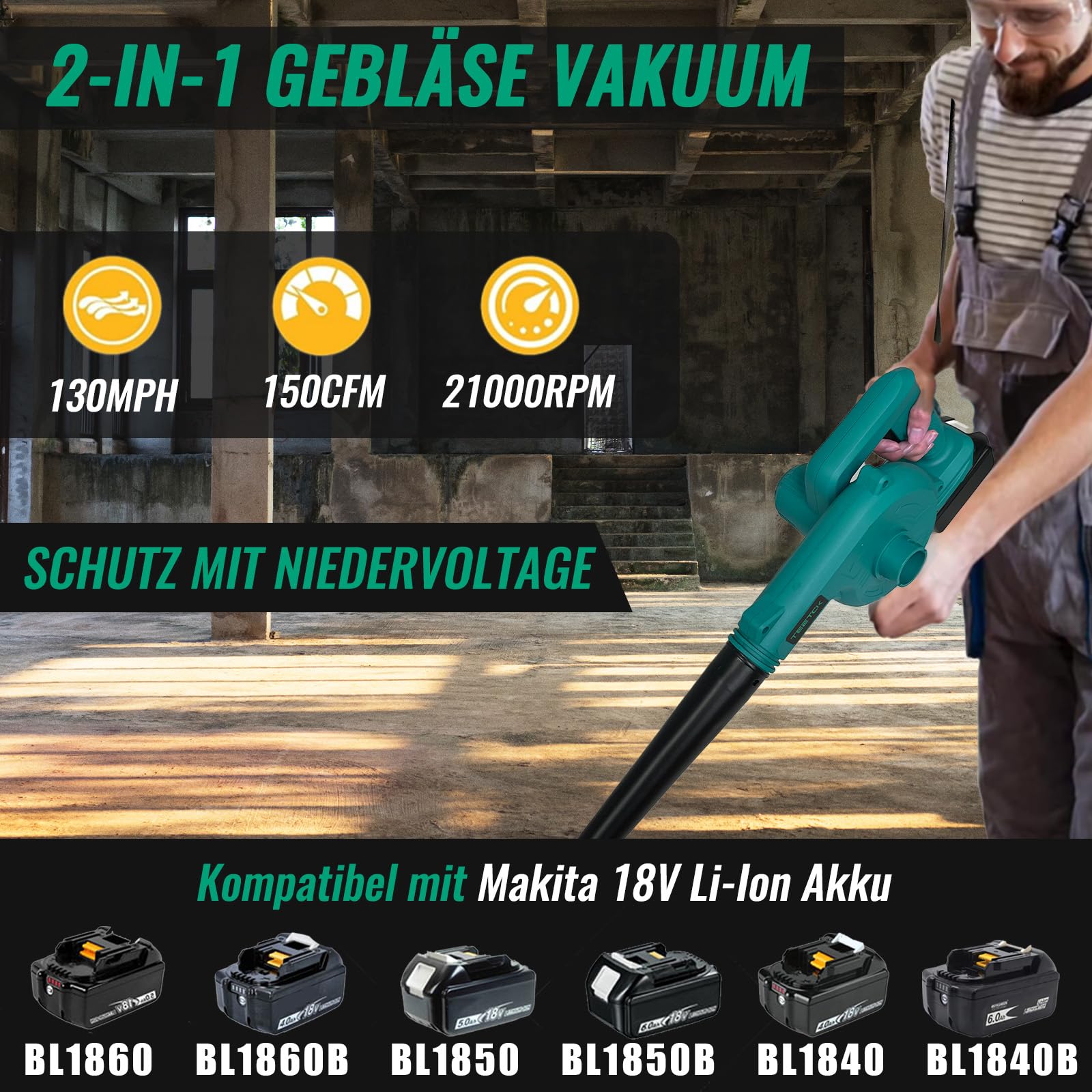 Akku-Laubbläser & Staubsauger 2-in-1 - Kompatibel Mit Makita, 16000 U/min