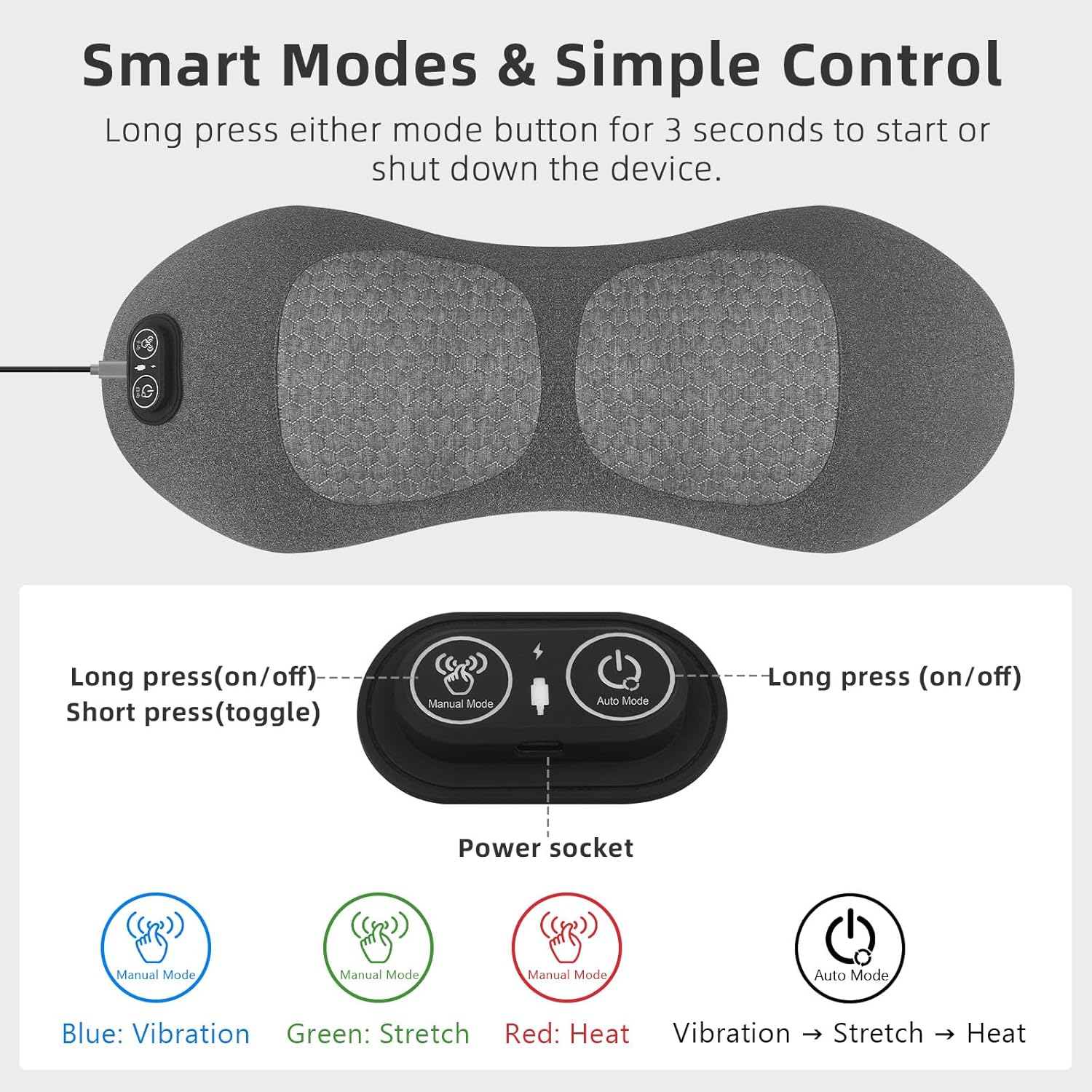 3 in 1 Electric Lumbar Support Pillow with Heat, Vibration, Traction - Adjustable Smooth Spine Back Massager for Lower Back Pain Relief, Sciatica, Deep Tissue Relaxation, Portable for Bed, Chair