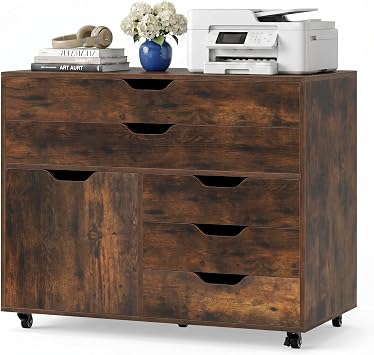 POWERSTONE Rolling File Cabinet 5-Drawer & One Side Door Storage Unit, Wood Printer Stand Drawer Cabinet with 5 Metal Wheels2 Self-Locking for Home Office, Coffee