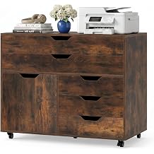 POWERSTONE 5-Drawer Rolling File Cabinet, Wood Drawer Cabinet with 5 Metal Wheels and One Side Door Storage Unit Printer Stand for Home Office Apartment, Coffee