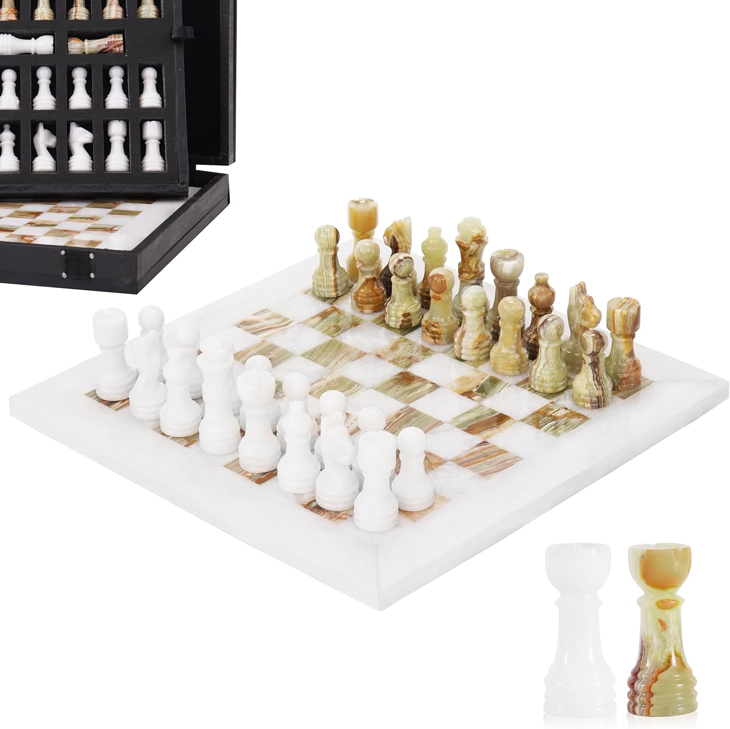 Marble Chess Set for Adults 10" Handmade White & Black Board Game with 32 Chess Pieces, 2 Extra Queens & Storage Box, Luxury Travel Game, Elegant for Home Decor