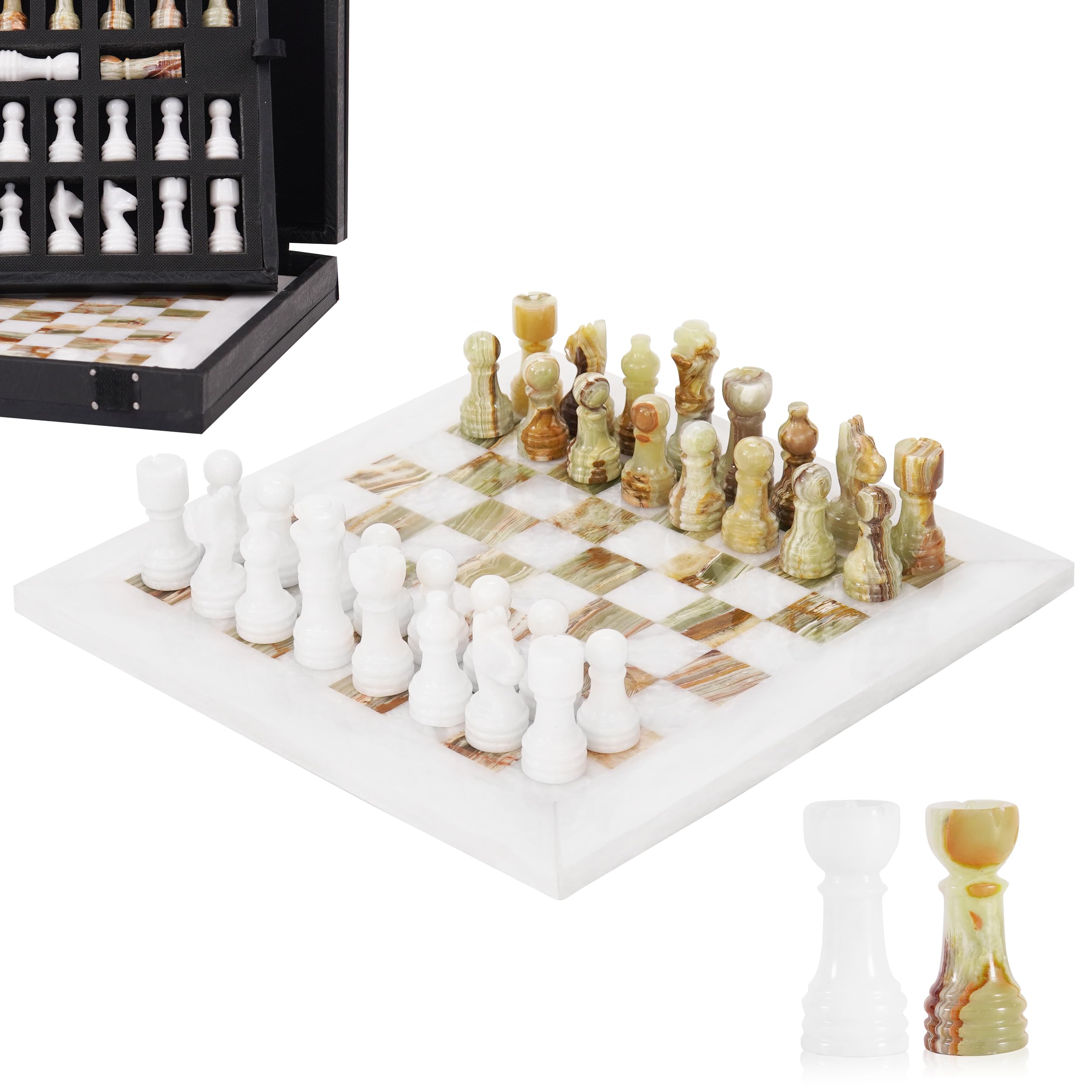 Marble Chess Set for Adults 10" Handmade White & Green Onyx Board Game with 32 Chess Pieces, 2 Extra Queens & Storage Box, Luxury Travel Game, Elegant