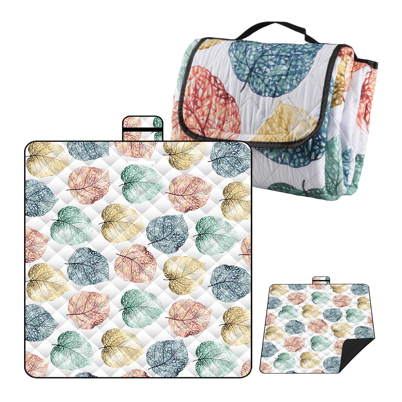 quiodok Waterproof Picnic Blanket with LeafPrintDesign Foldable with Handle