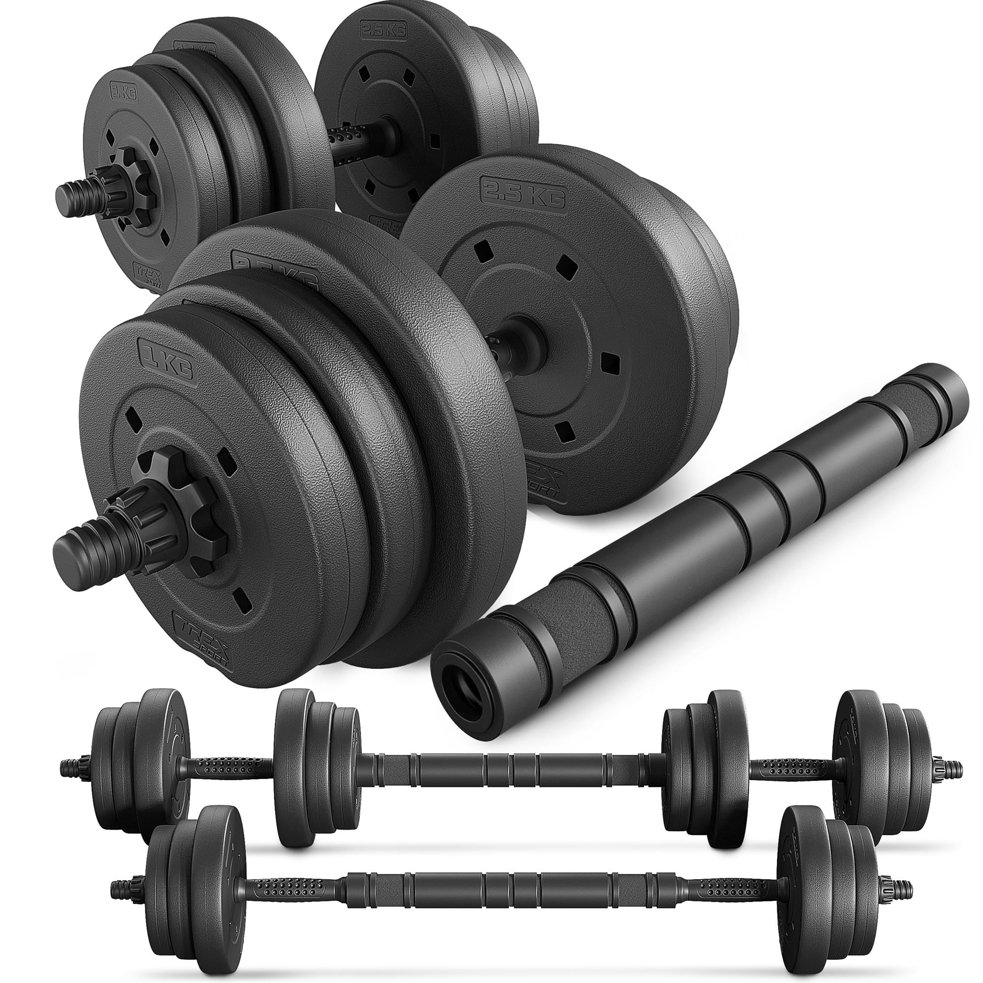 TREX SPORT Hanteln Set | 2er Set Kurzhanteln & Langhantel | 20 kg 40kg Hantelset Dumbbell Set mit Verbindungsrohr - 20 kg (2x10 kg)