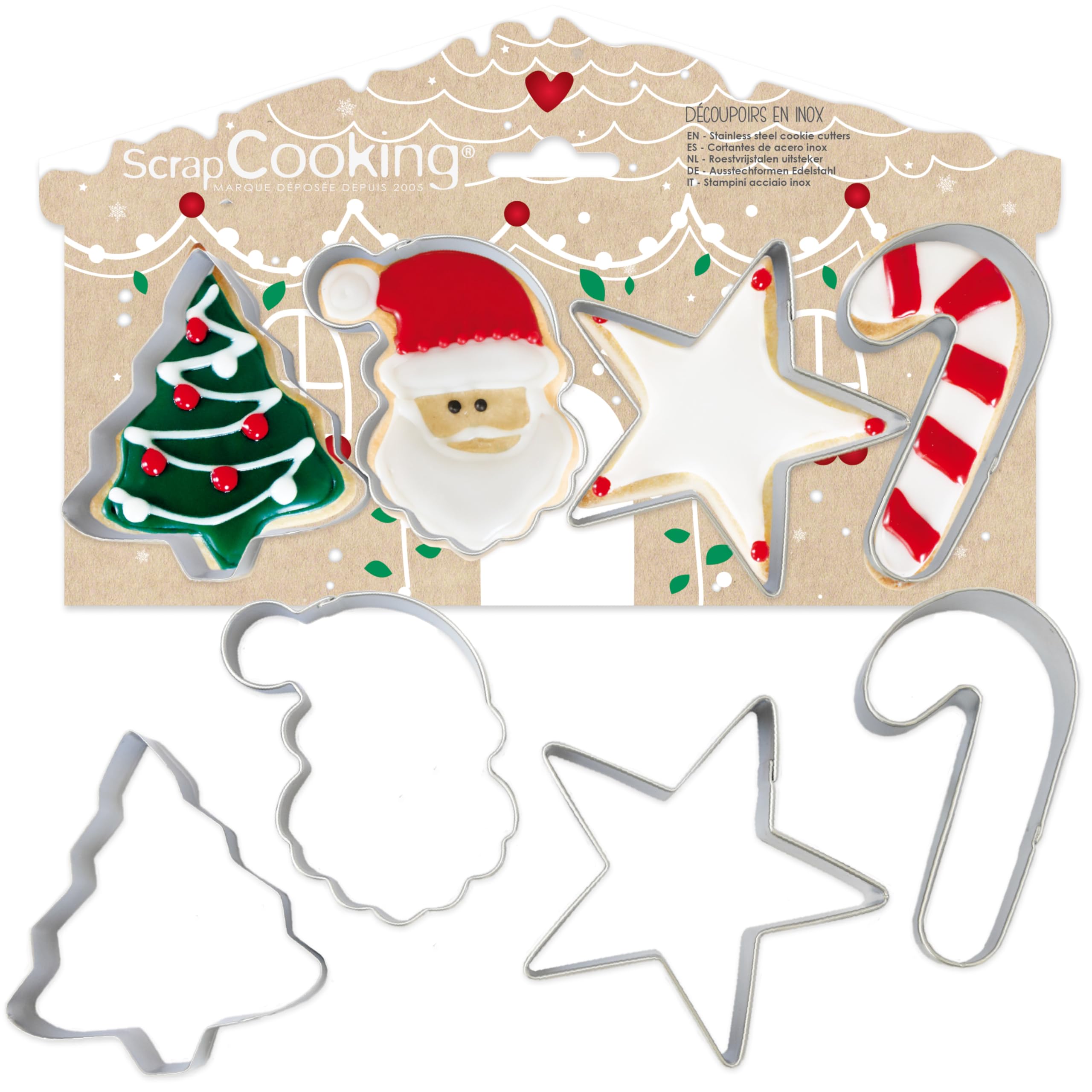 ScrapCooking - 4 Emporte-​Pièces Noël - Découpoirs à Biscuits en Inox - Moules pour Petits Gâteaux - Accessoires Pâtisserie - Sapin, Père Noël, Étoile, Canne à Sucre - 2089