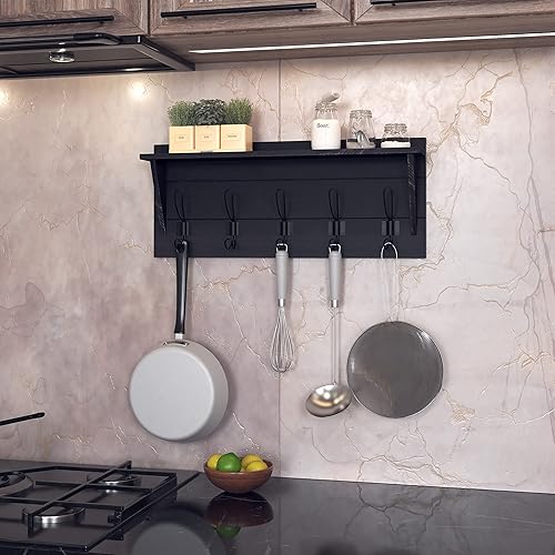 Vista 6 de HBCY Creations Estante de almacenamiento montado en la pared de 24 pulgadas, construcción de madera de pino, color negro lavado, estante