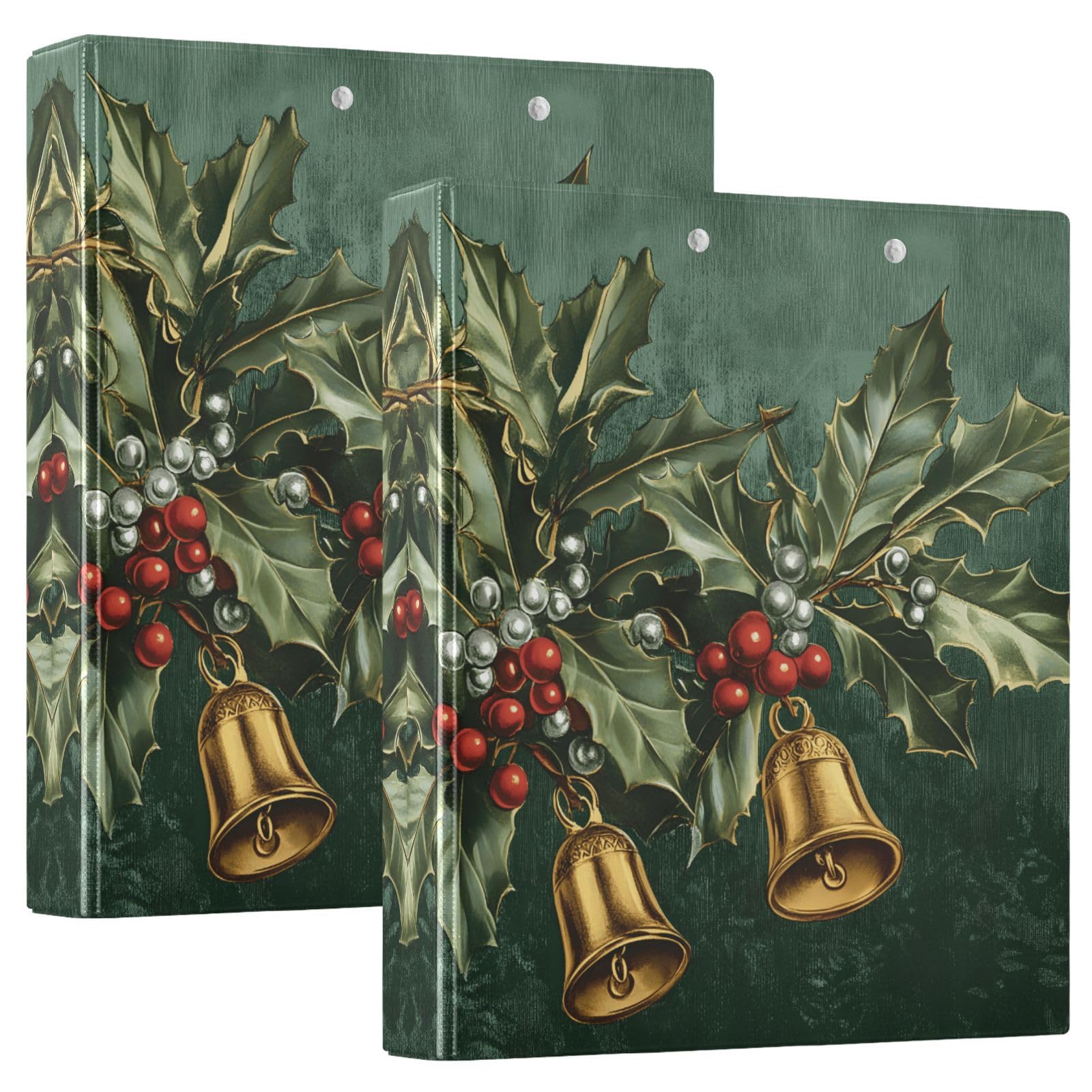 Confezione da 2 raccoglitori a 3 anelli, stile vintage, con campane di Natale e foglie, 3,8 cm, con 3 tasche trasparenti, portablocco e contiene 200 fogli, per ufficio, scuola