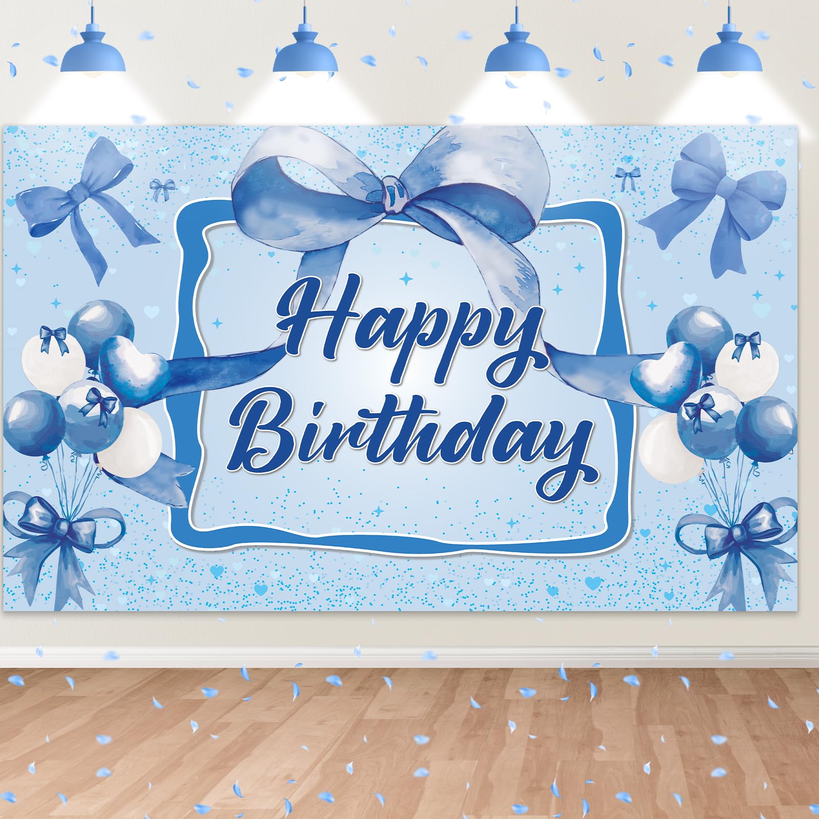 Blue Bow Birthday Backdrop,Bow Happy Birthday Banner Decorations for Girls Women Party Decor