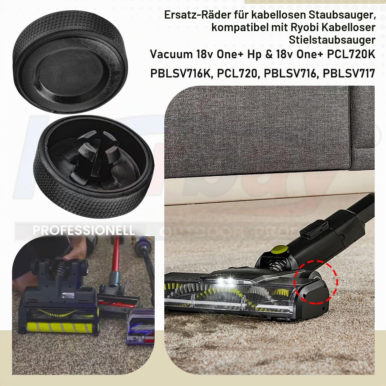 Ersatzrad und Dichtung für Ryobi 18 V schnurlosen Staubsauger PCL720B, PCL720K, PBLSV716B, PBLSV716K, PBLSV717B, PBLSV717K schnurloser Staubsauger, Silikon-Ersatzräder, 2 Sets