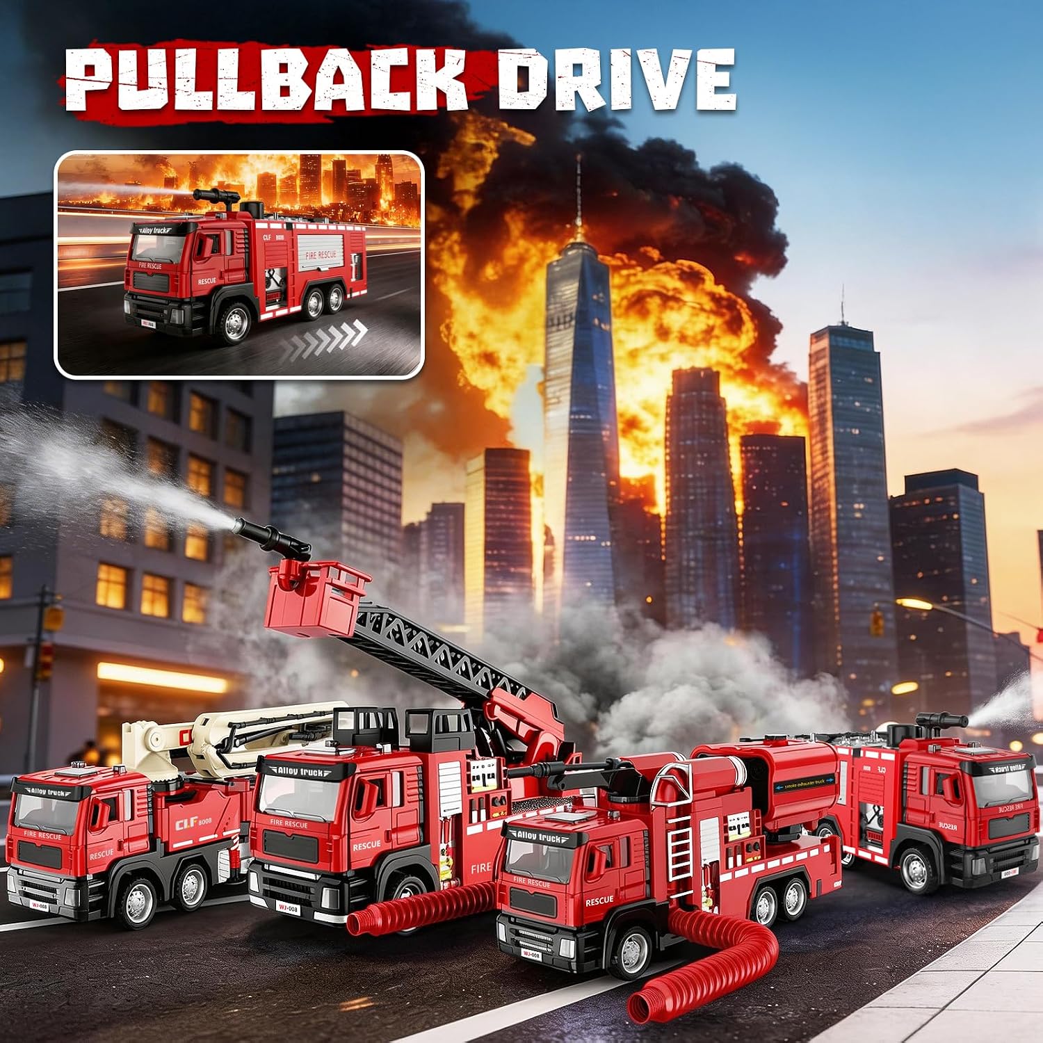 1:50 Die-Cast Fire Ladder Truck, 12in Extendable Ladder with Water Spray, Openable car Door, Lights Sounds, Pull-Back Rescue Toy with Rotating Platform for Kids 3-9
