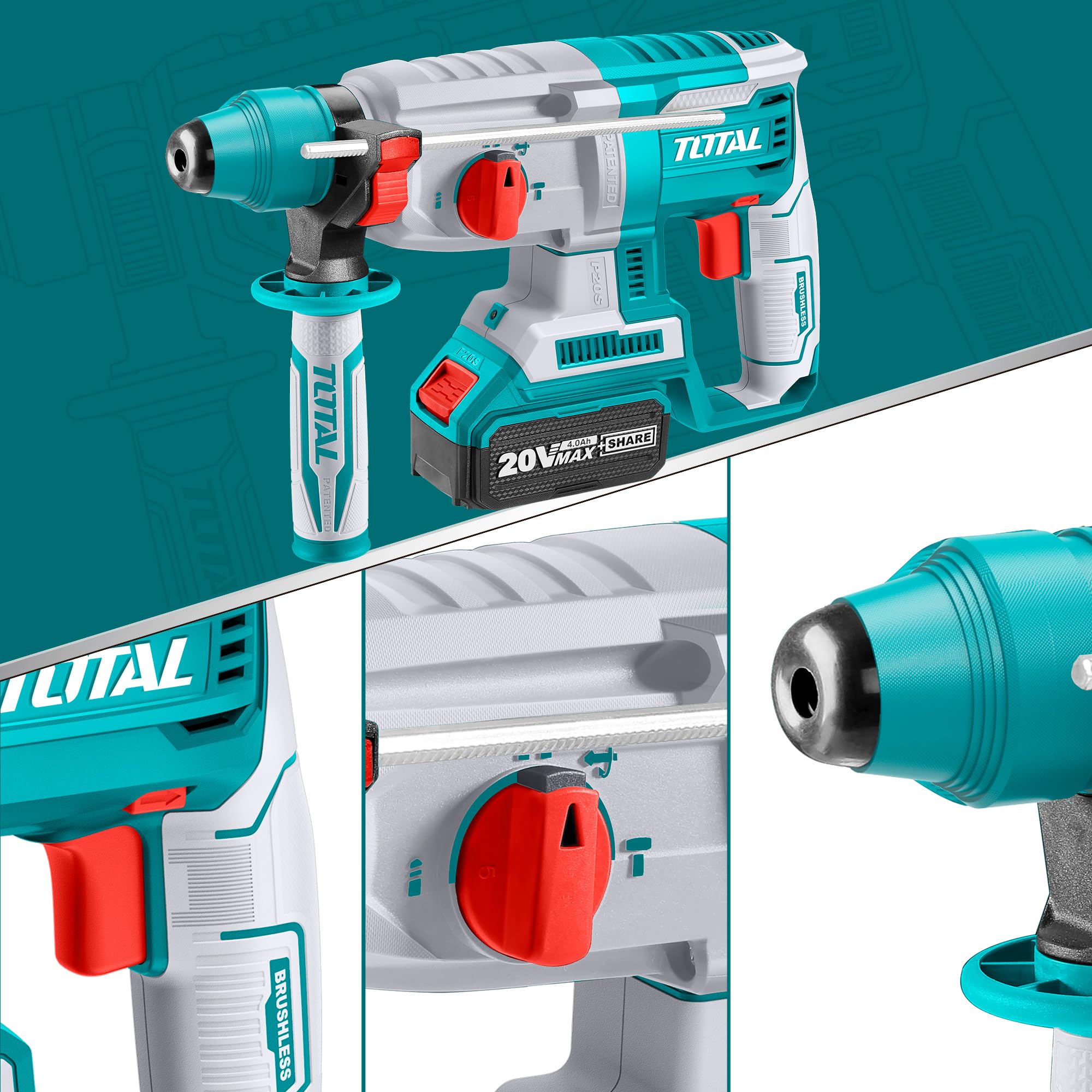 TOTAL - Martillo Combinado a Batería 20V - Motor Brushless Sin Escobillas - Luz LED - 3 Brocas SDS Plus y Cincel - Capacidad de Perforado 26mm - Fuerza Impacto 2J- No incluye Batería ni Cargador