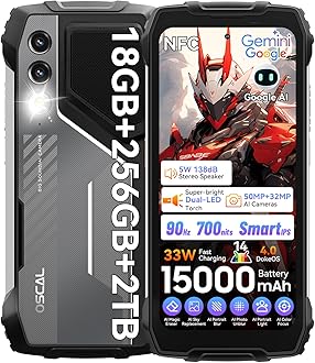 OSCAL PILOT 1 Rugged Smartphone 2025, 18GB+256GB/2TB TF| 15000mAh/33W|50MP+32MP rugged phone|70LM LED rugged mobile phones|90Hz+6.67-inch FHD|Android 14| NFC/GPS/Fingerprint/Dual SIM/OTG
