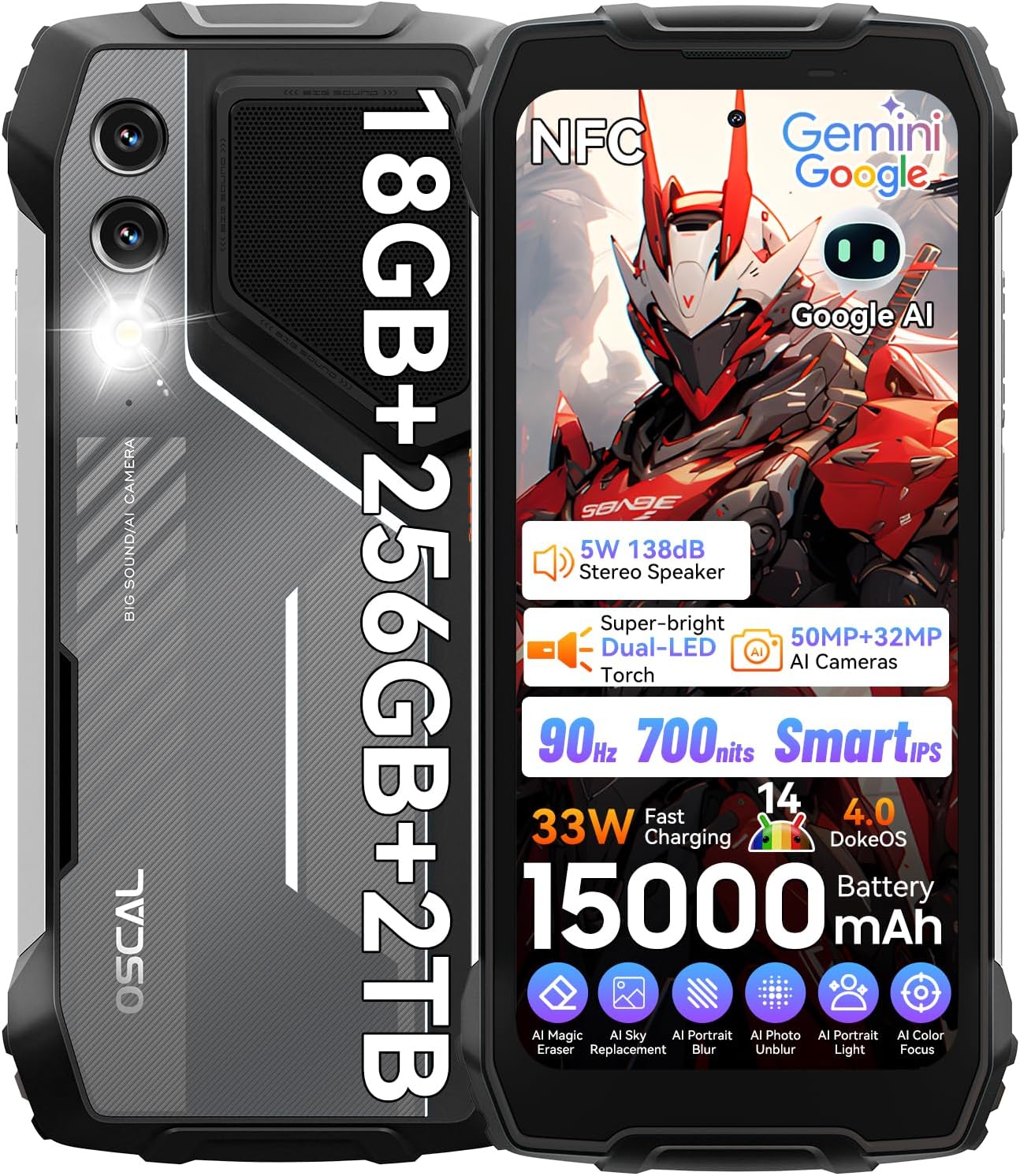 OSCAL PILOT 1 Rugged Smartphone 2025, 18GB+256GB/2TB TF| 15000mAh/33W|50MP+32MP rugged phone|70LM LED rugged mobile phones|90Hz+6.67-inch FHD|Android 14| NFC/GPS/Fingerprint/Dual SIM/OTG, Deep Grey