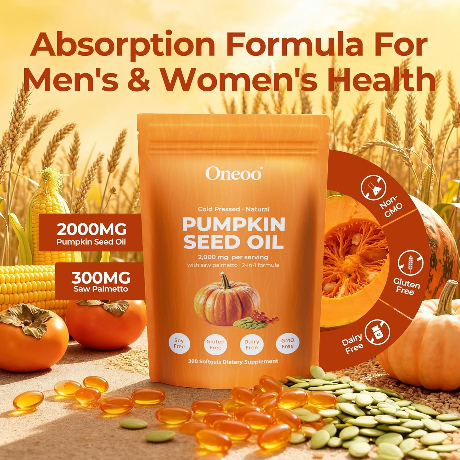 Pumpkin Seed Oil 2000mg with Saw Palmetto - 300 Softgels for Hair, Urinary Tract, Bladder & Prostate Support - Cold Pressed, Non-GMO, Rich in Fatty Acids & Phytosterols, All-Natural Supplement - Image 4