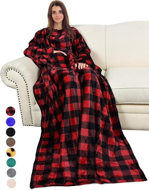 Catalonia Classy Wearable Blanket with Sleeves and Pocket, Comfy Soft Fleece Mink Micro Plush Wrap Throws Blanket Robe for Women and Men 185 x 130 cm, Plaid Red