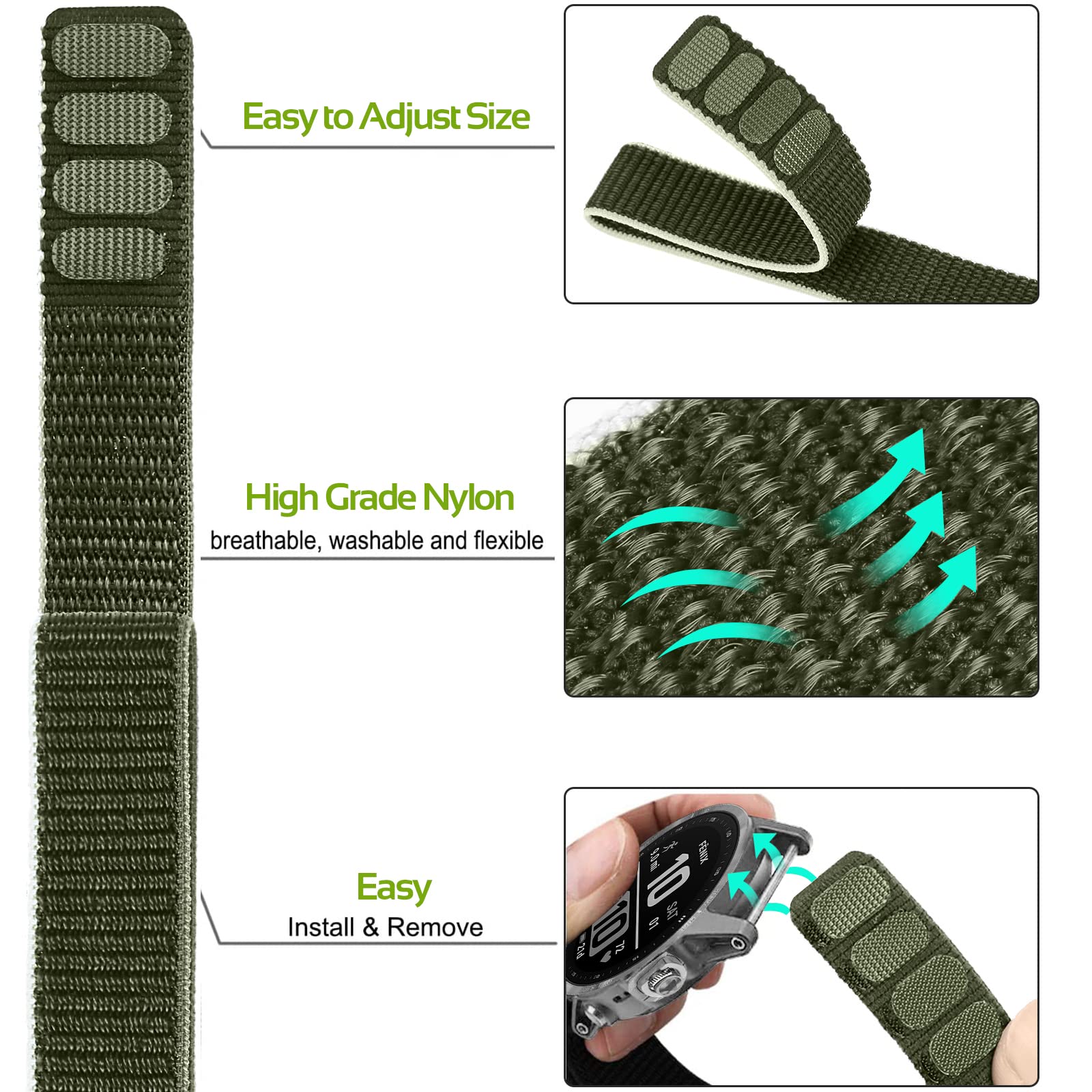 Songsier Strap Compatible with Fenix 7, 7 Solar, 6, 6 Pro, 5, 22mm Velcro Nylon Soft Light Replacement Strap - Image 2