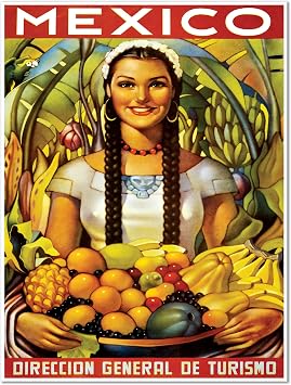 Antiguos Maps Mexico Travel Print Advertisement circa 1950 | Young Woman Presenting Fruit - Direccion General de Turismo | Art Reprint Poster Vintage Wall Decor 9 x 12 inches
