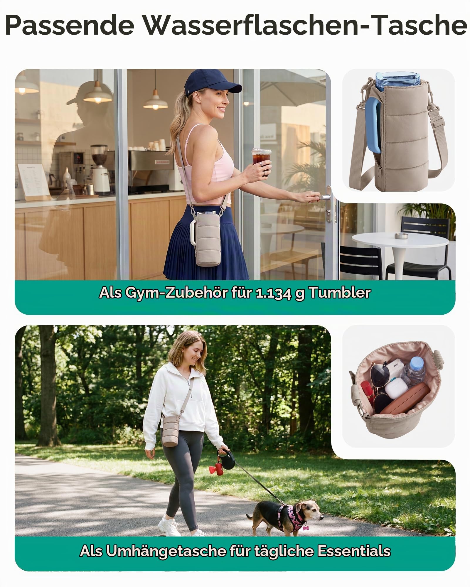 BAGSMART 2 Set Sporttasche Damen, Yogatasche mit Flaschenhalter, Kamel