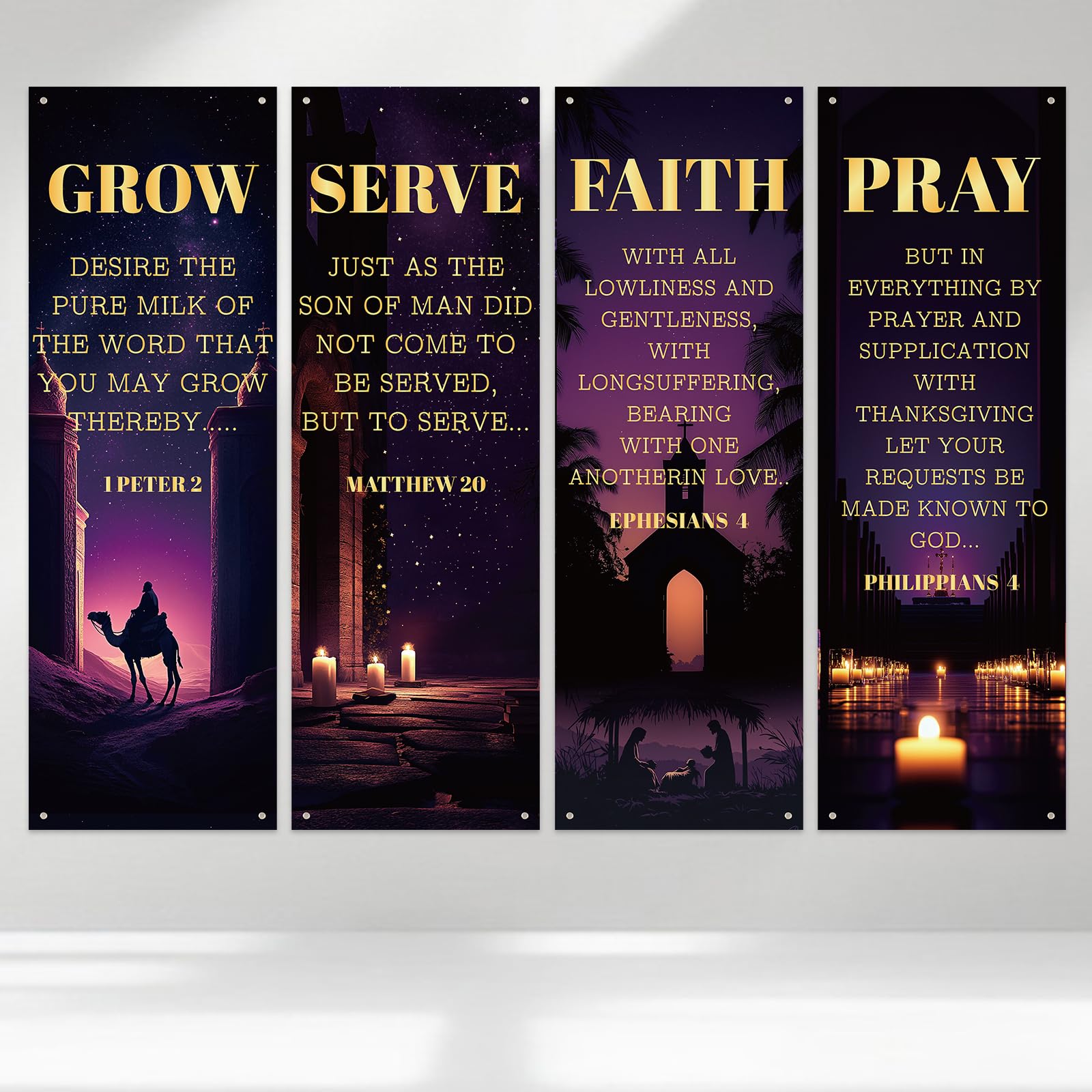 WANDIC 4 PCS Church Banners for Sanctuary Large,6 * 2 FT Inspirational Scripture Wall Decor Purple Bible Hanging for Church Welcome Background