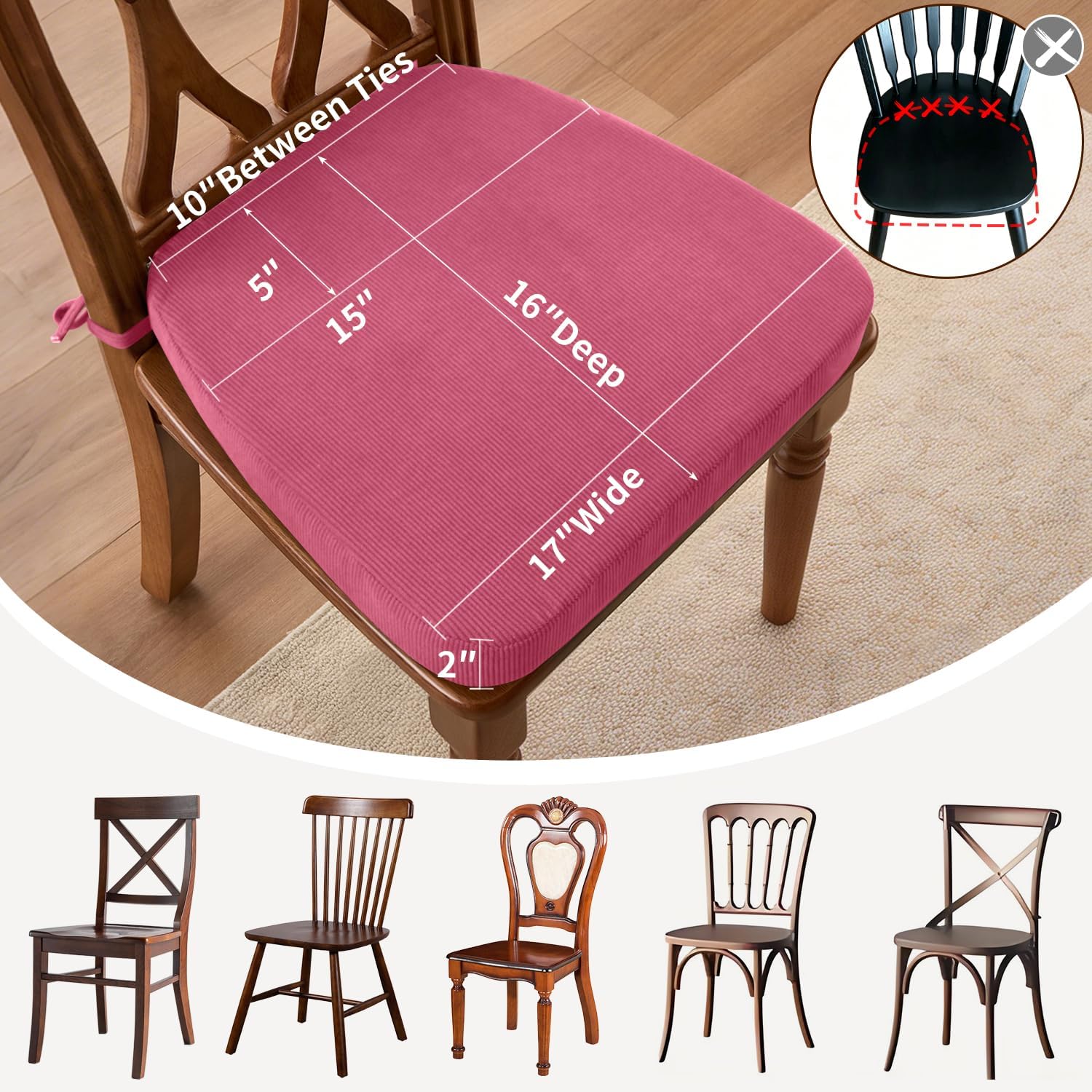 Dining Chair Cushions, Rose Red, 17"x16", Set of 6 image 2