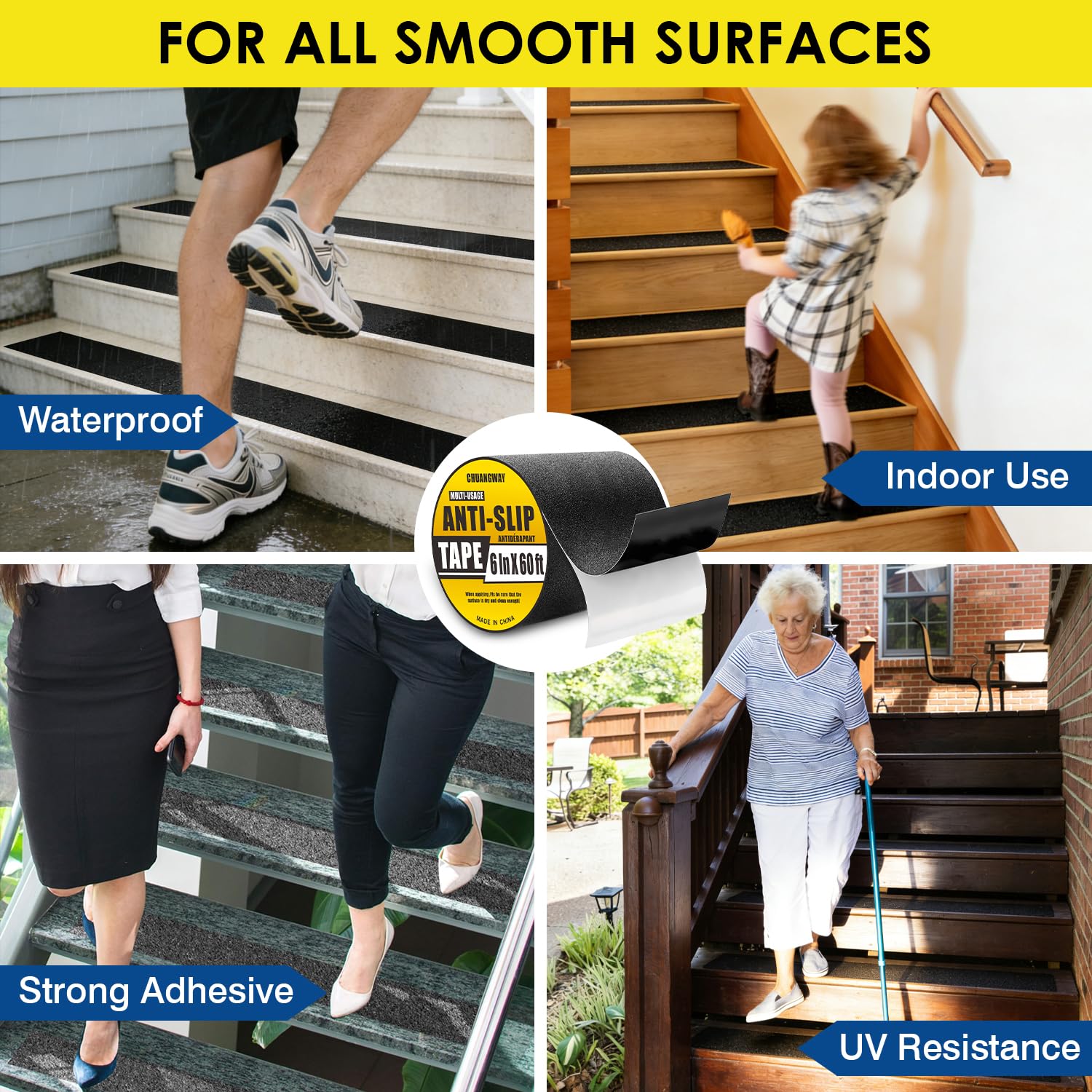 Anti Slip Tape, 6 Inch x 60 Ft, Black, Waterproof High Traction Abrasive Adhesive, for Stairs, Ramps, Outdoor Indoor Use (Black)