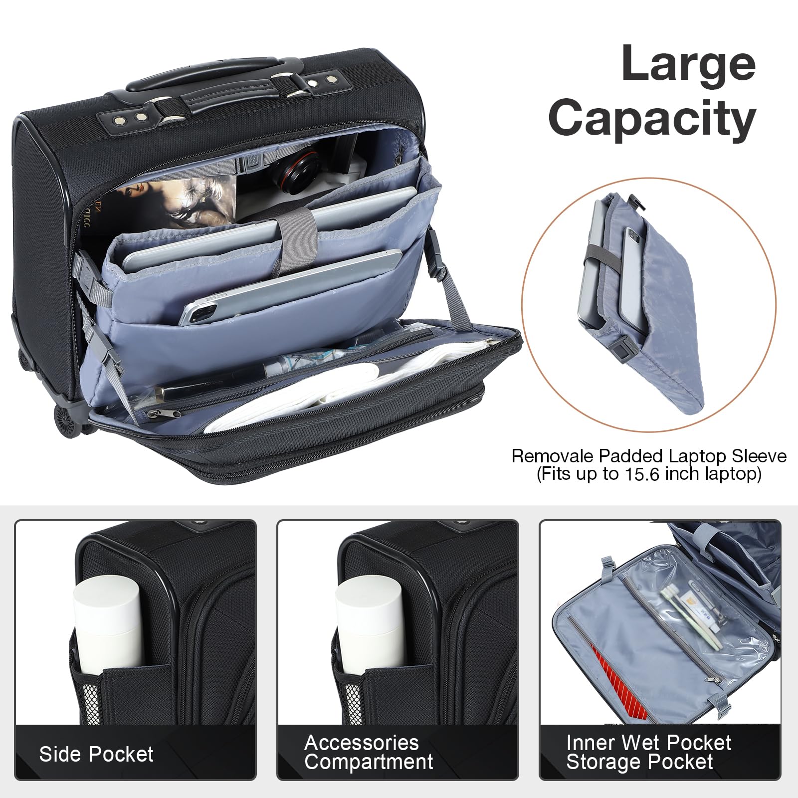 Borsa Trolley Porta PC con lucchetto TSA - Trolley Cartella con 4 Ruote per Laptop Fino a 15,6 Pollici, Impermeabile Valigia Trolley per Viaggi Business Vacanze Lavoro Uomo Donna - Nero