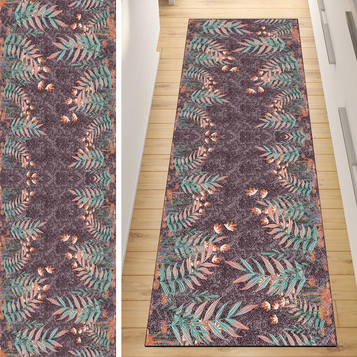 Alfombra abstracta morada con base antideslizante lavable para pasillos modernos