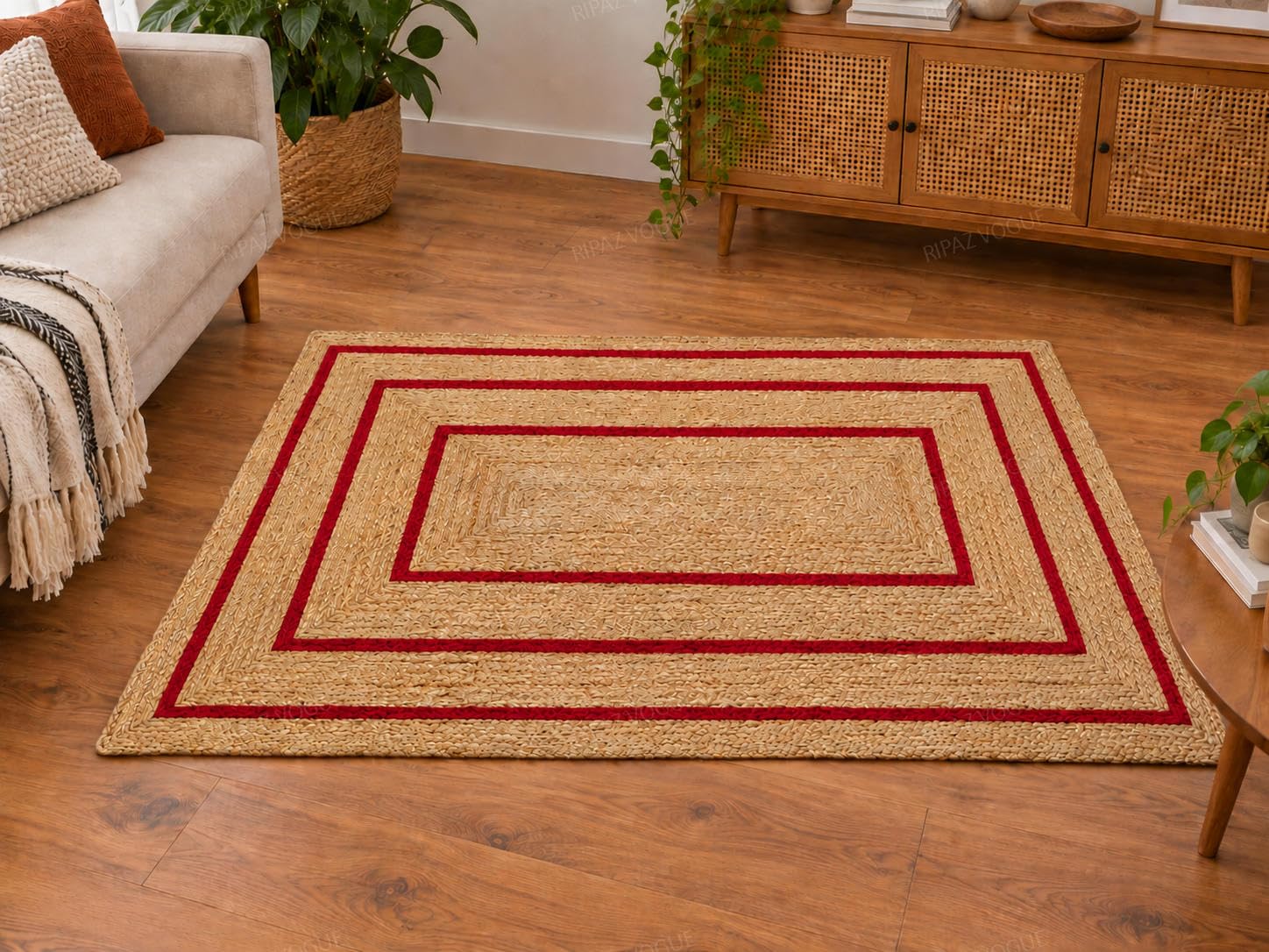 Tappeto in iuta naturale, rettangolare, intrecciato a mano, effetto rustico, per soggiorno, camera da letto, corridoio, 60 x 240 cm / 2x8 ft, beige e rosso