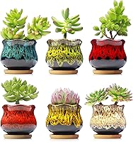 Fulloog Cute Ceramic Succulent Planters Set of 6 with Drainage Holes & Bamboo Saucers - 4" Colorful Pots for Home Decor (Plants Not Included)