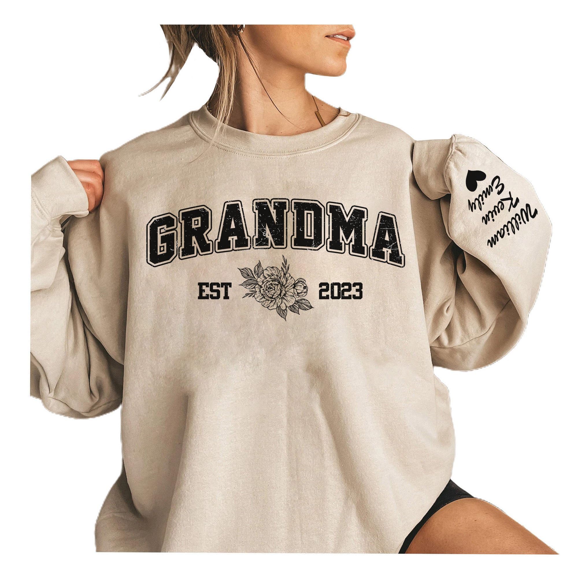 LIISE Personalized Nickname Sweatshirt with Kid's Names on Sleeve Custom Est Sweatshirt for Grandma Mom Mama Nana Mimi Gigi