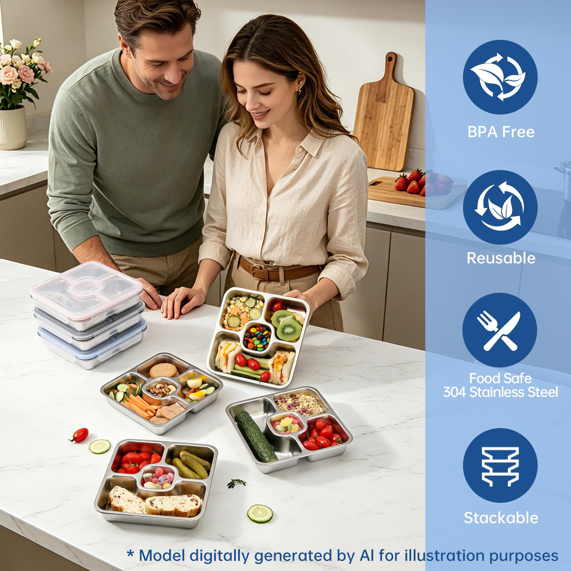 Misichao Boîte à déjeuner en acier inoxydable avec 4 compartiments – Boîte à bento en métal de 800 ml pour adultes et enfants – Boîtes réutilisables pour la préparation des repas, passent au