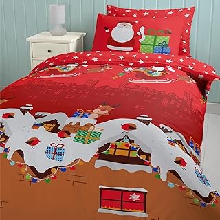 Catherine Lansfield Santa's Christmas Presents Reversible Single Duvet Cover Set with Pillowcase Red