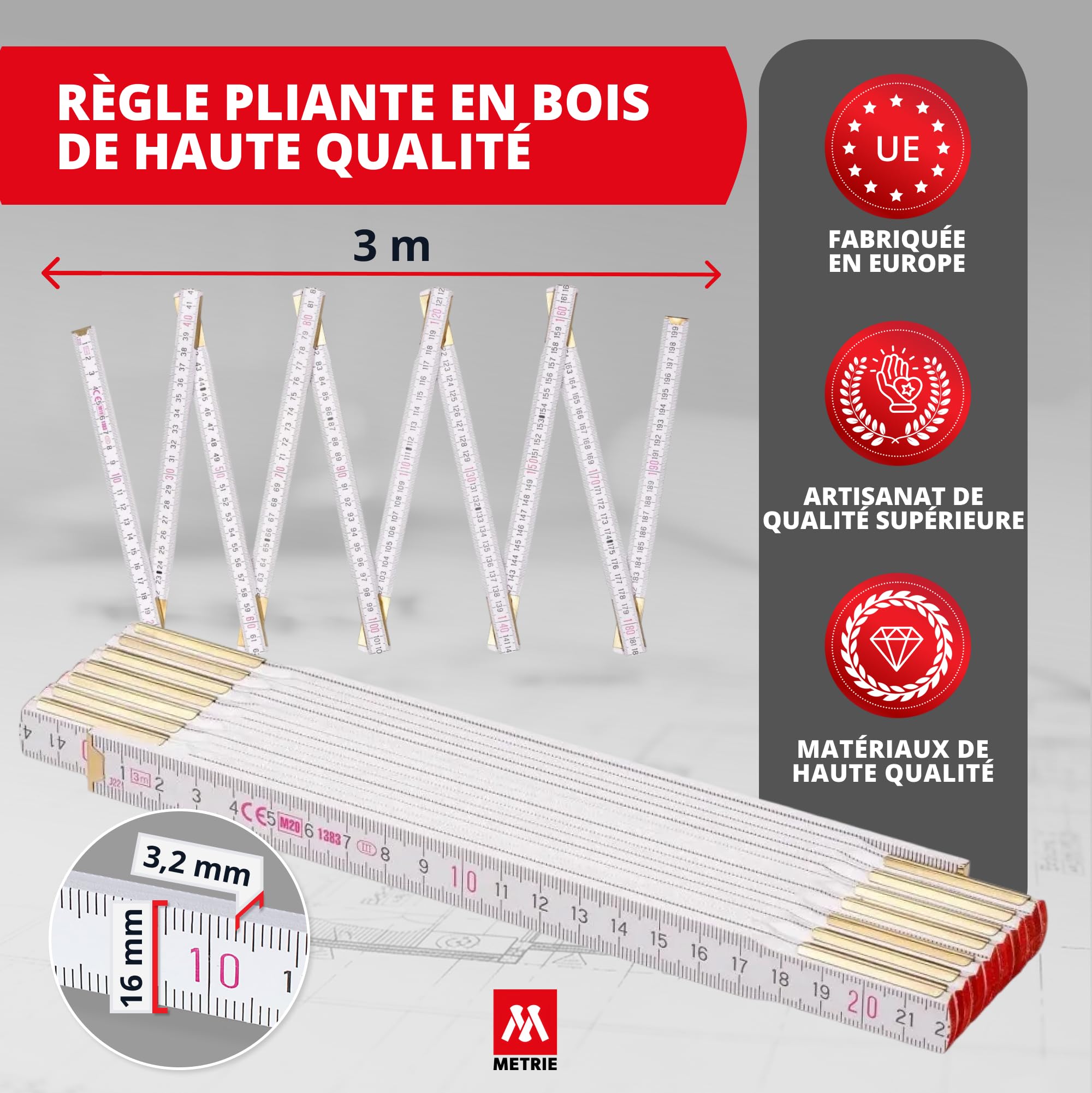 Metrie™ Mètre pliant PROFI 15 – Mètre en bois 3 m | Blanc | Bois laqué, articulations en acier – Échelle duplex, Fabriqué dans l’UE | Robuste et précis | CE Cl. III | 10 pièces