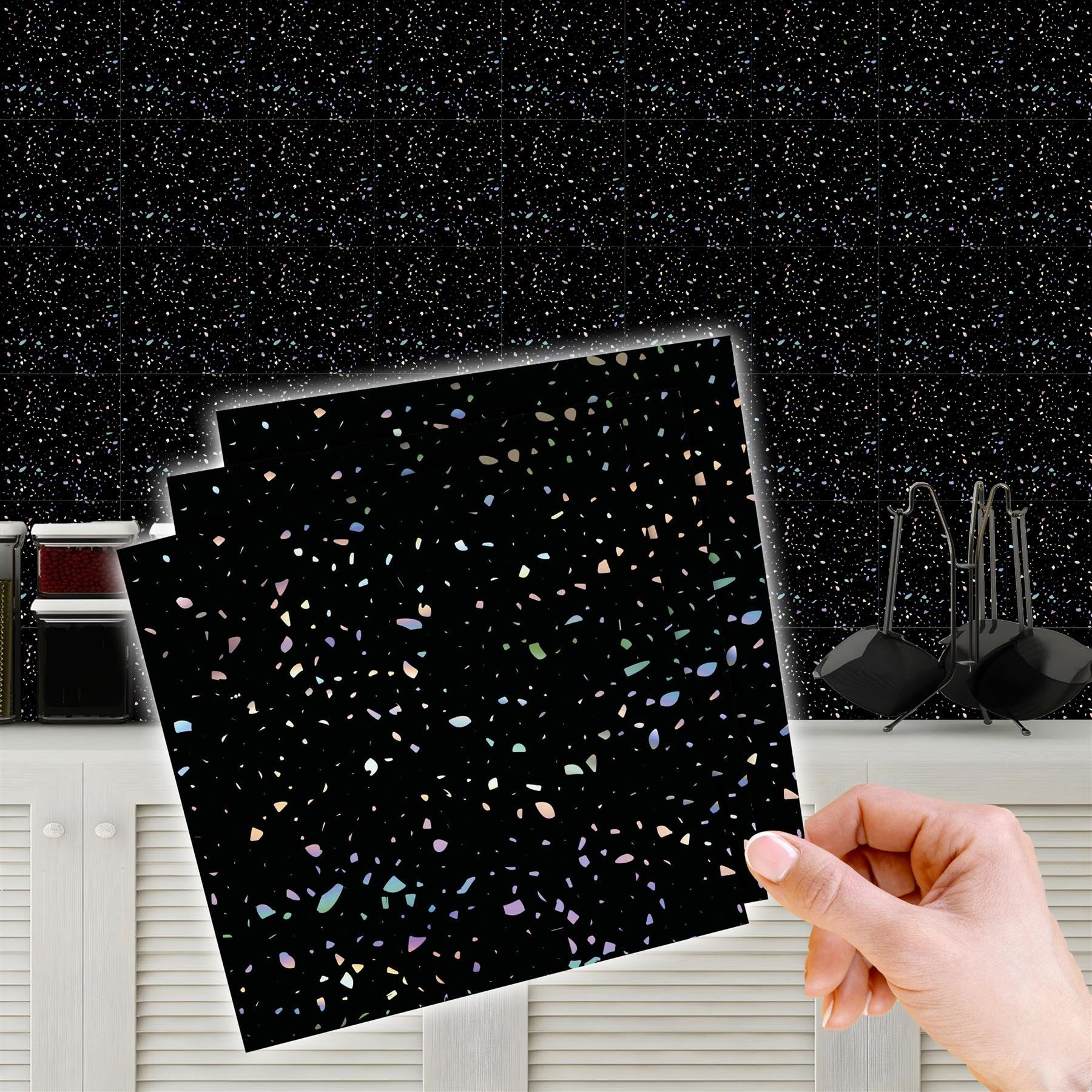 Walplus Terrazzo Holographic Glitter Black 48 Pcs 15Cm (6") Tile Stickers | Peel And Stick Self-Adhesive Wall Tiles For Kitchen, Bathroom, Backsplash & Tile Makeover