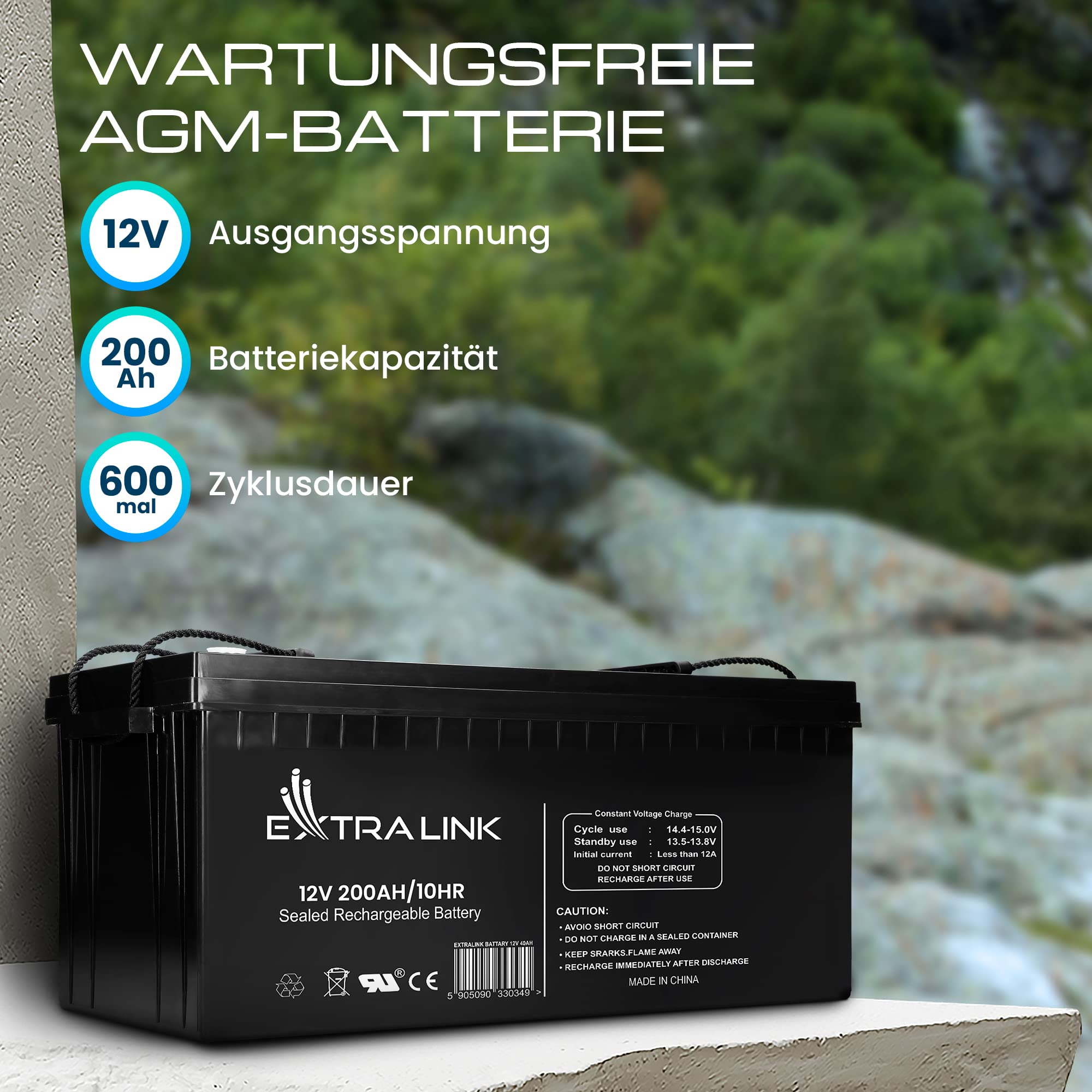 Extralink AGM Batterie 12V 200Ah – wartungsfrei, auslaufsicher, Deep Cycle – langlebige Versorgungsbatterie für Photovoltaik, Wohnmobil, USV, Inselanlage & Notstromversorgung