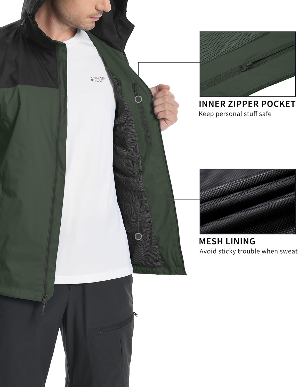 Pioneer Camp Men's Rain Jacket Waterproof with Hood Lightweight Packable Raincoat Rain Shell for Outdoor Hiking Travel - Image 3