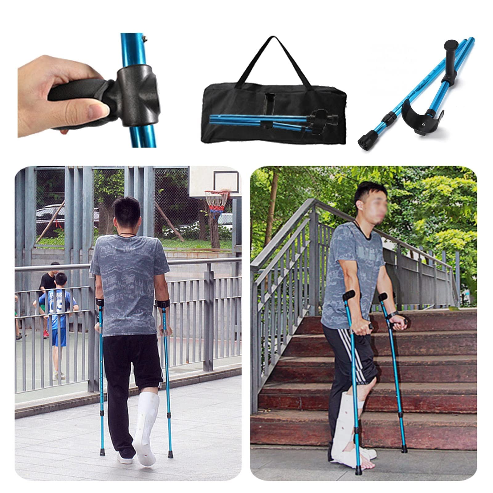 Ergonomiczne kule pod pachami, aluminiowe kule z regulacją wysokości, niebieskie kule na łokcie, składane laski
