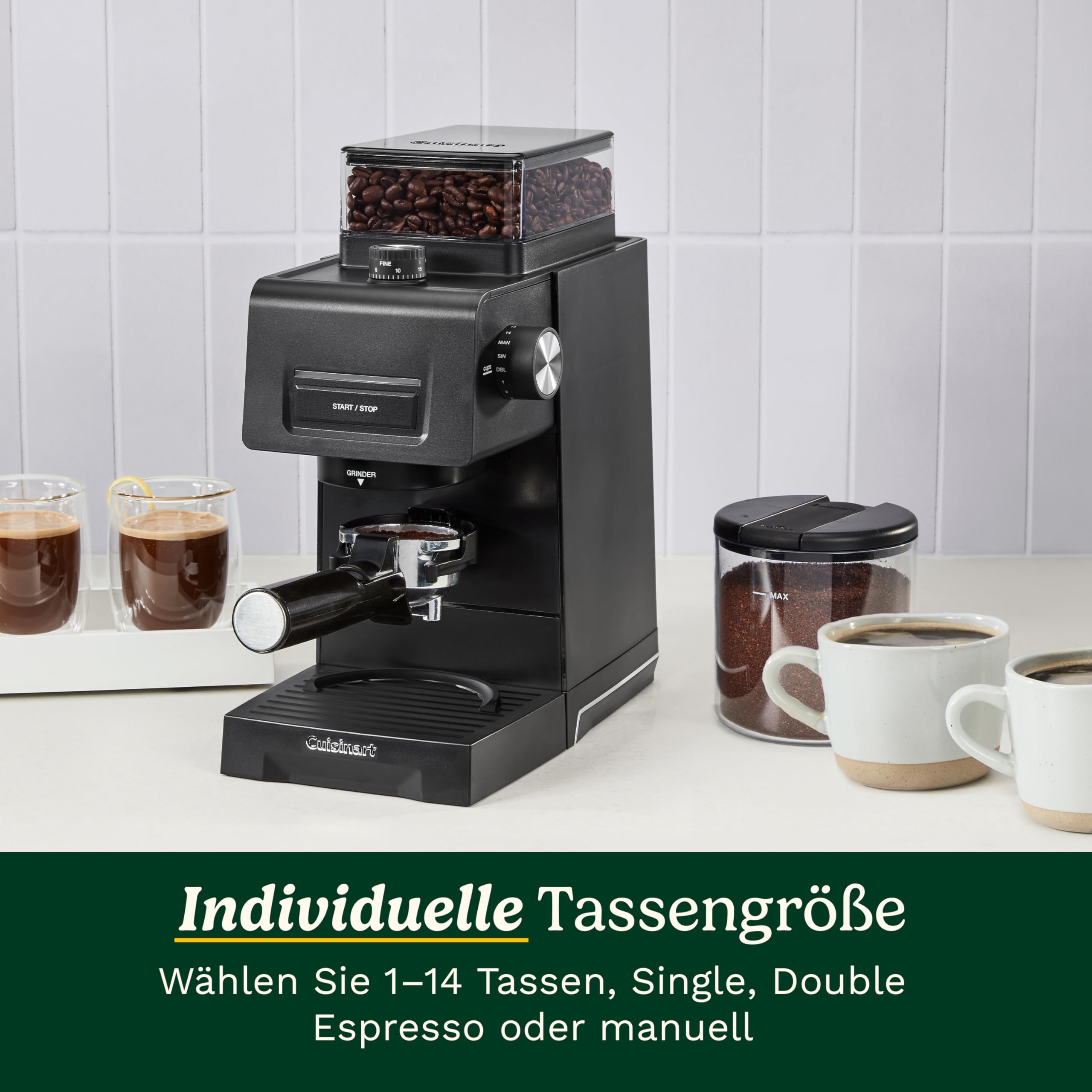 Cuisinart stożkowy młynek do kawy do espresso i kawy; 35 ustawień; zbiornik na ziarna 225 g z silikonową pokrywą; kompatybilny z portafiltrem; w zestawie łyżka i szczotka do czyszczenia
