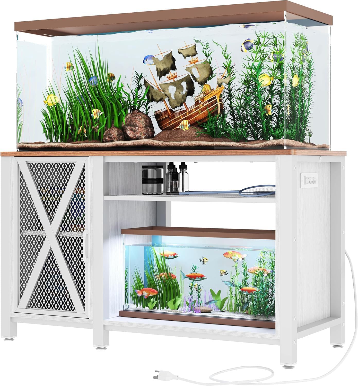 DWVO Heavy Duty Metal Aquarium Stand with Power Outlets, Cabinet for Fish Tank Accessories Storage - Suitable for 55-75 Gallon Fish Tank Stand, Turtle Tank, 860LBS Capacity, White & Walnut White, Walnut 55-75 Gallon